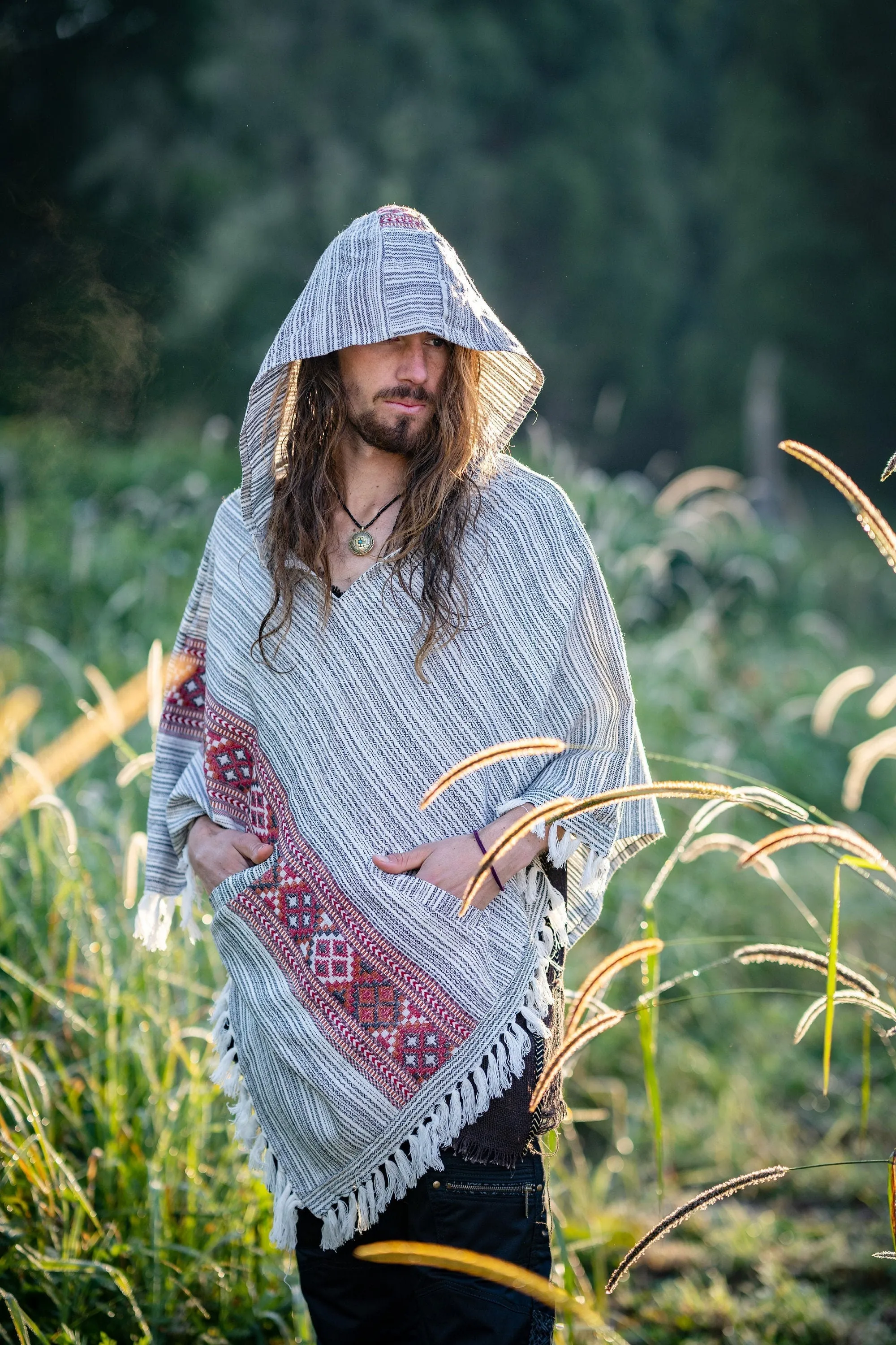 JHANA Mens Hooded Poncho Yak Wool and Acrylic Wool White and Grey with Hood Earthy Tribal Pattern Festival AJJAYA Primitive Alternative