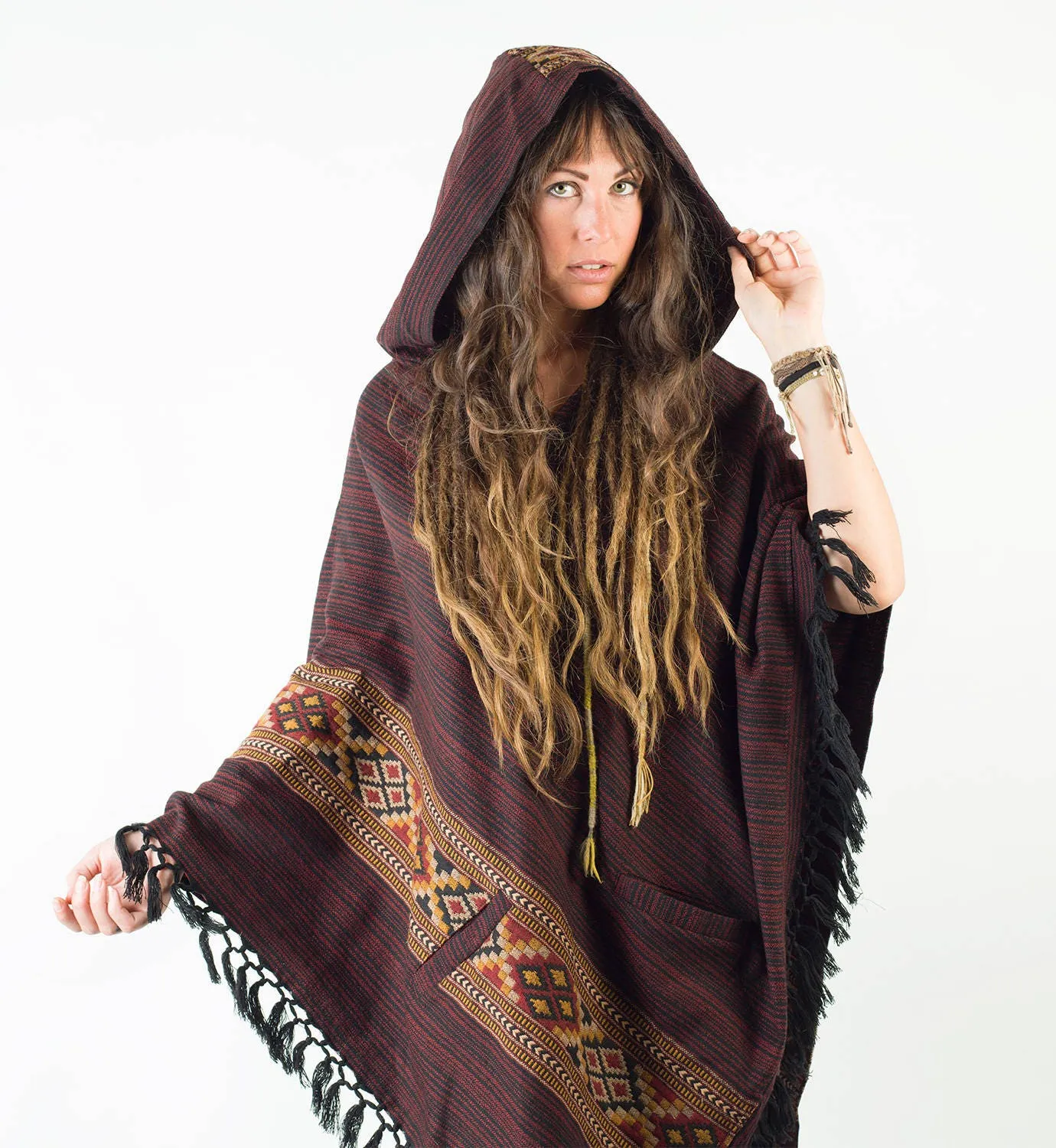 JHANA Womens Red Crimson Poncho Large Hood Yak and Acrylic Wool Tribal Embroidery Celtic Patterns Alternative Festival Primitive AJJAYA