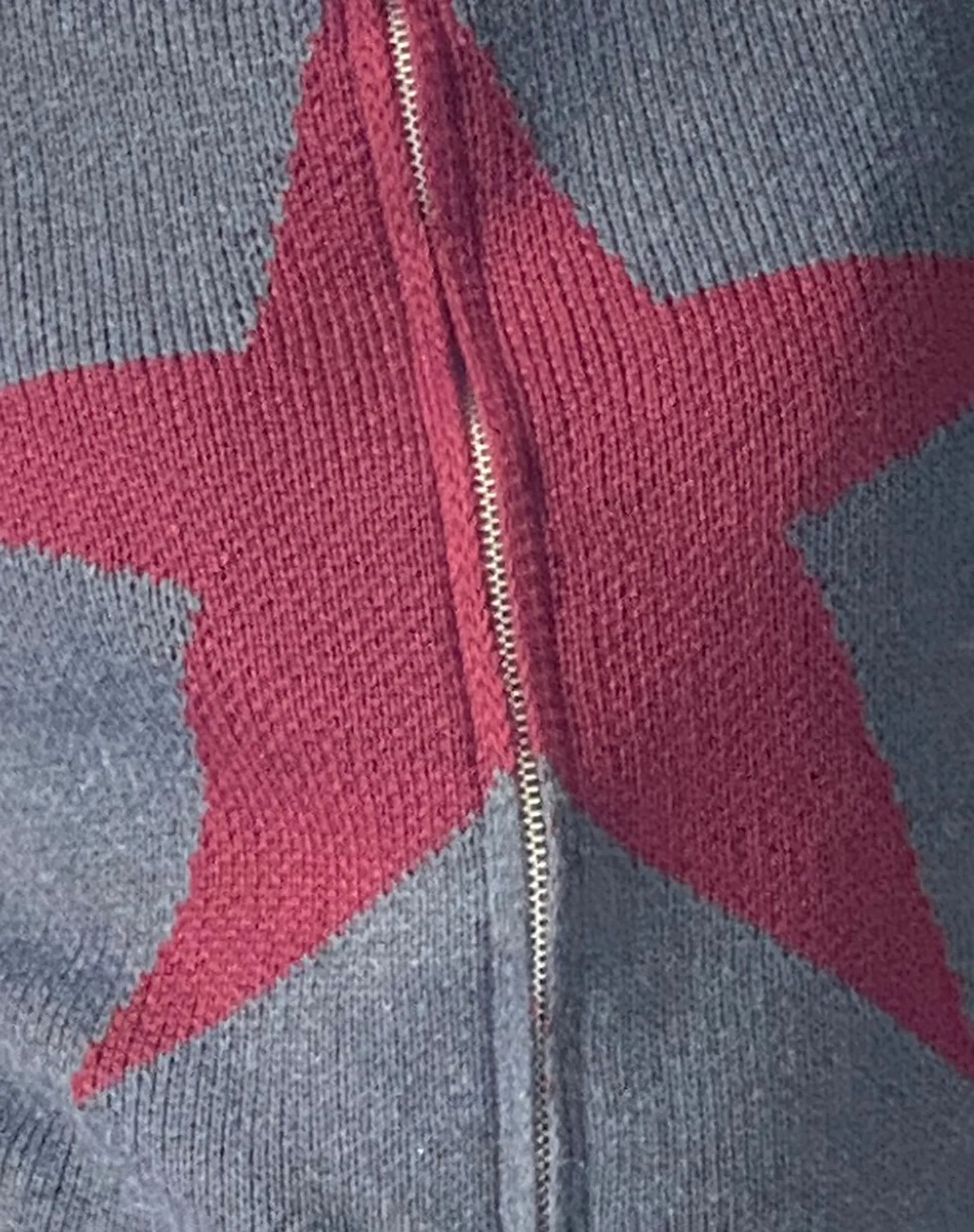 Jimena Zip Through Cardigan in Grey with Burgundy Star Motif