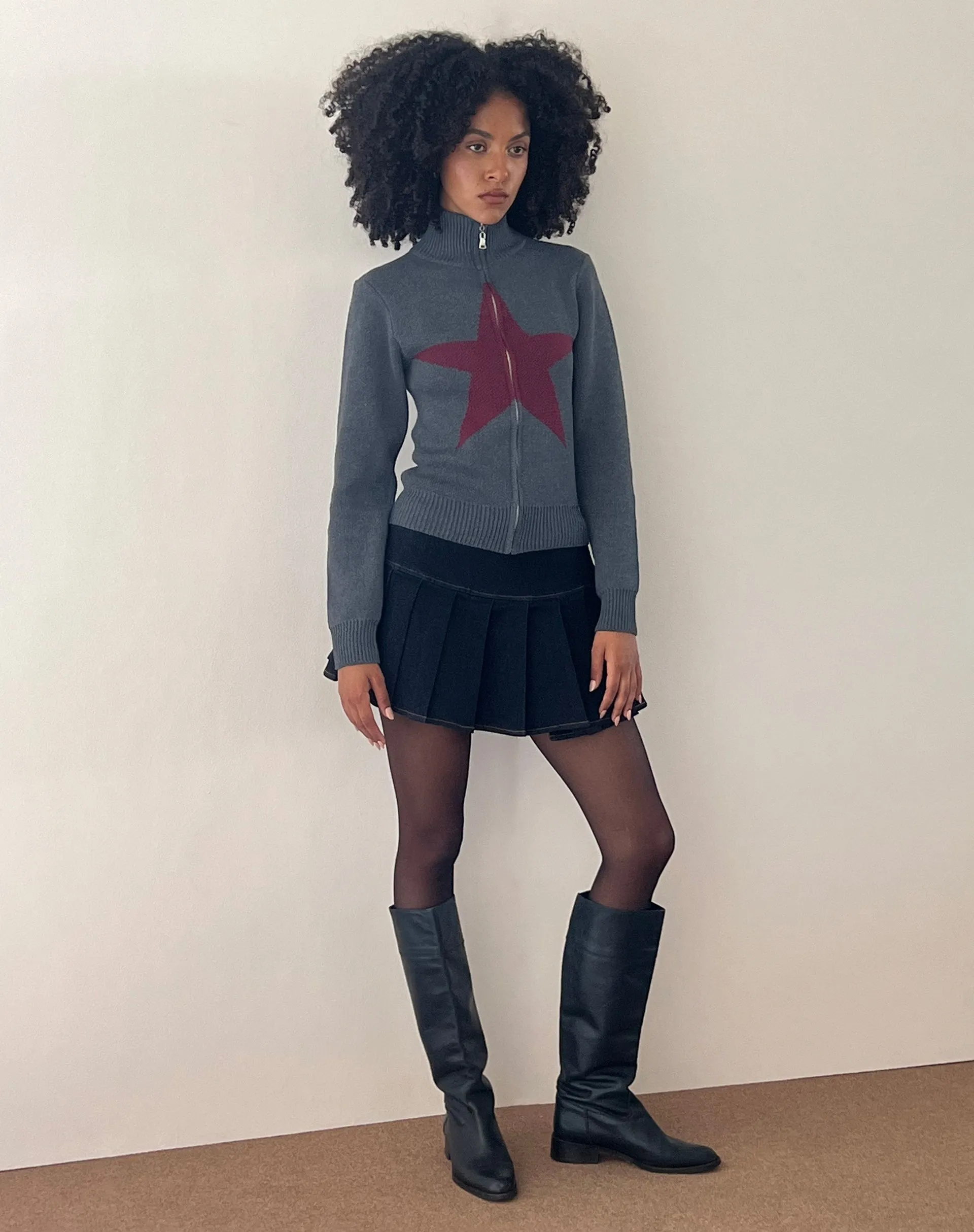 Jimena Zip Through Cardigan in Grey with Burgundy Star Motif