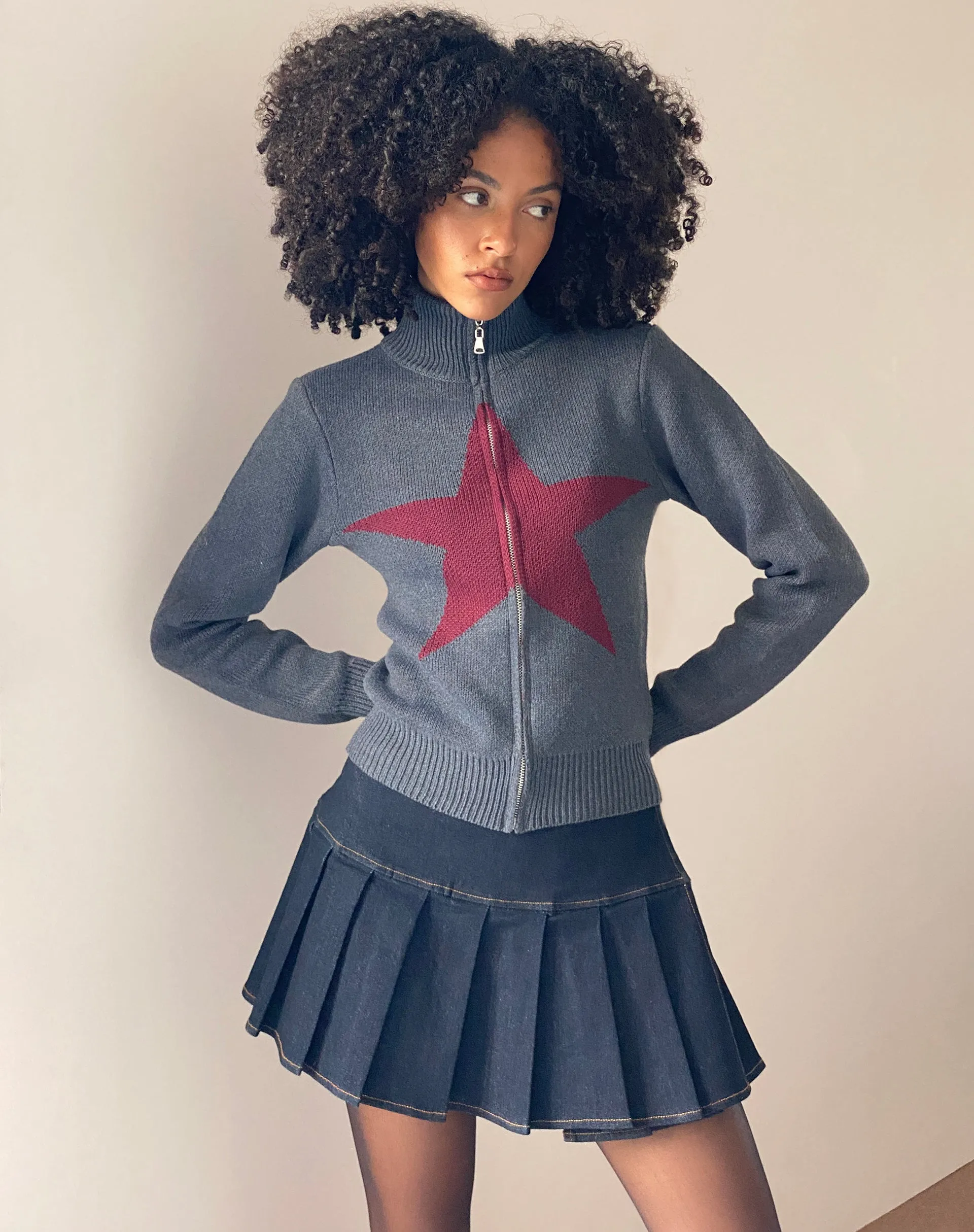 Jimena Zip Through Cardigan in Grey with Burgundy Star Motif