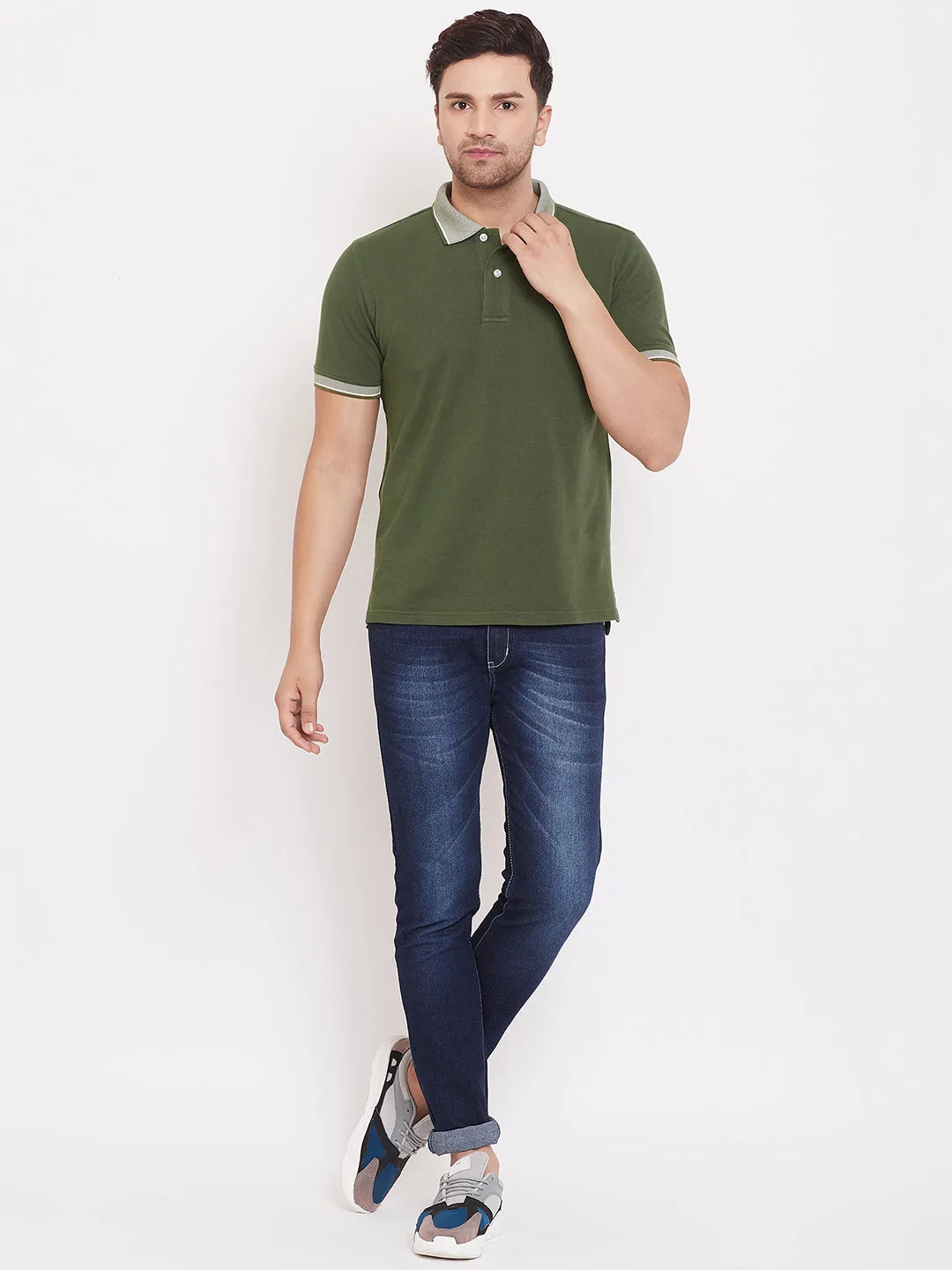 JUMP USA Men Solid Olive Polo T-shirt