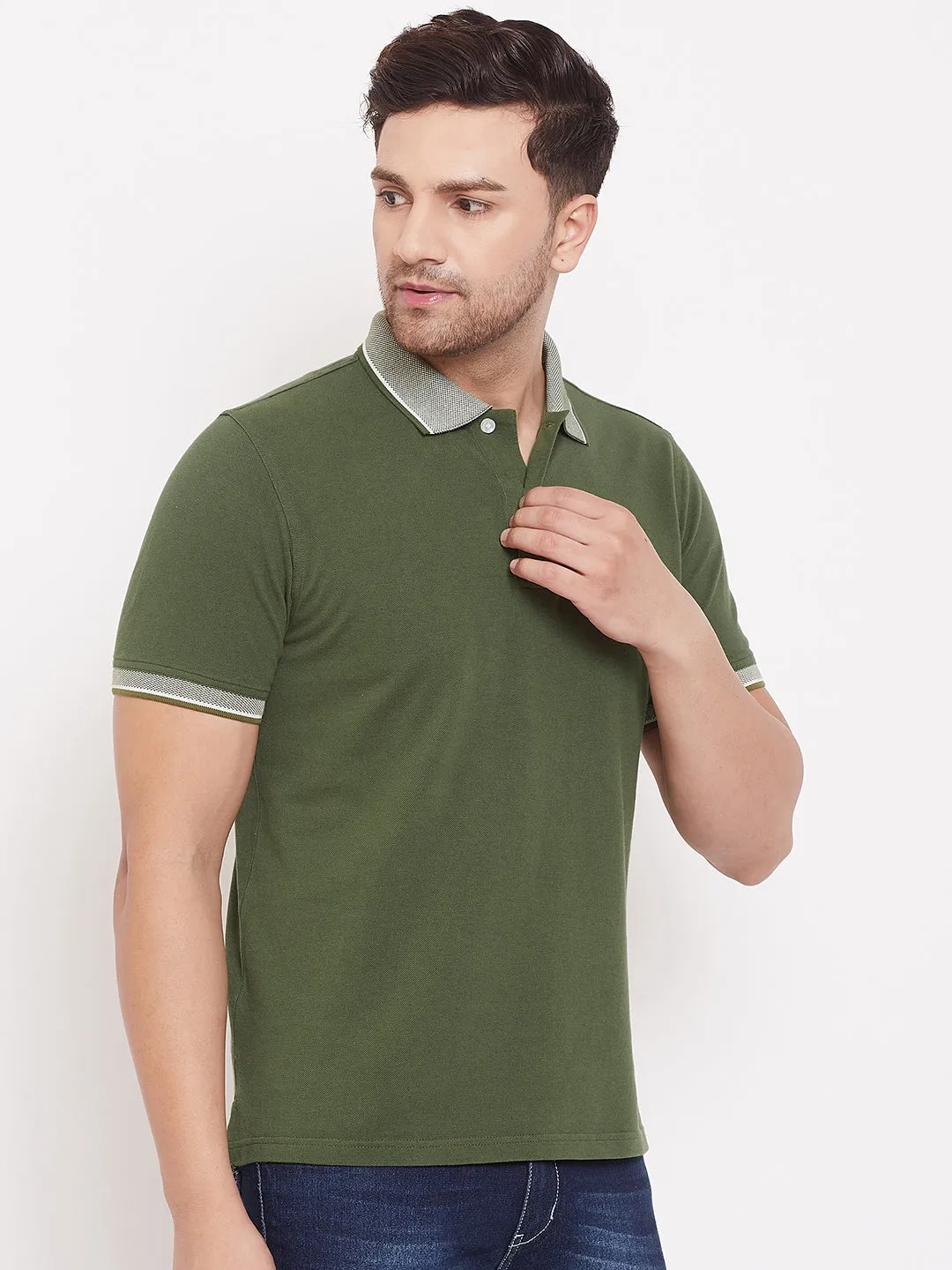 JUMP USA Men Solid Olive Polo T-shirt