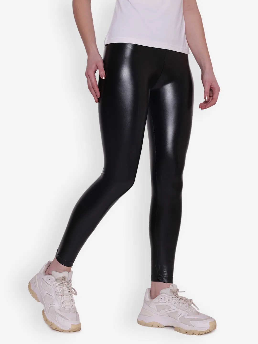 JUMP USA Women's Black High Waisted Pu Leggings Walking Tights