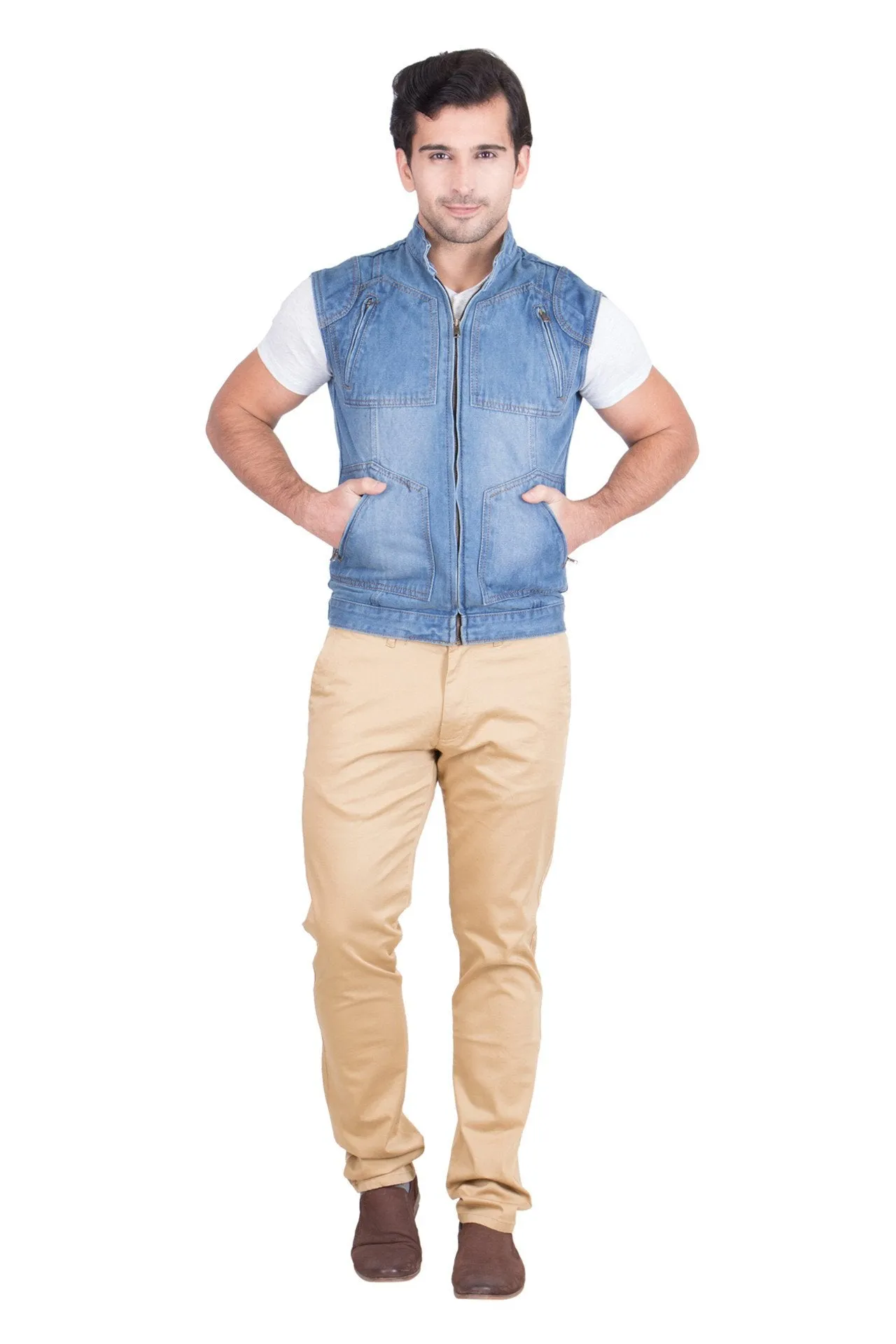 Krossstitch Sleeveless Light Blue Men's Denim Jacket with Zipper