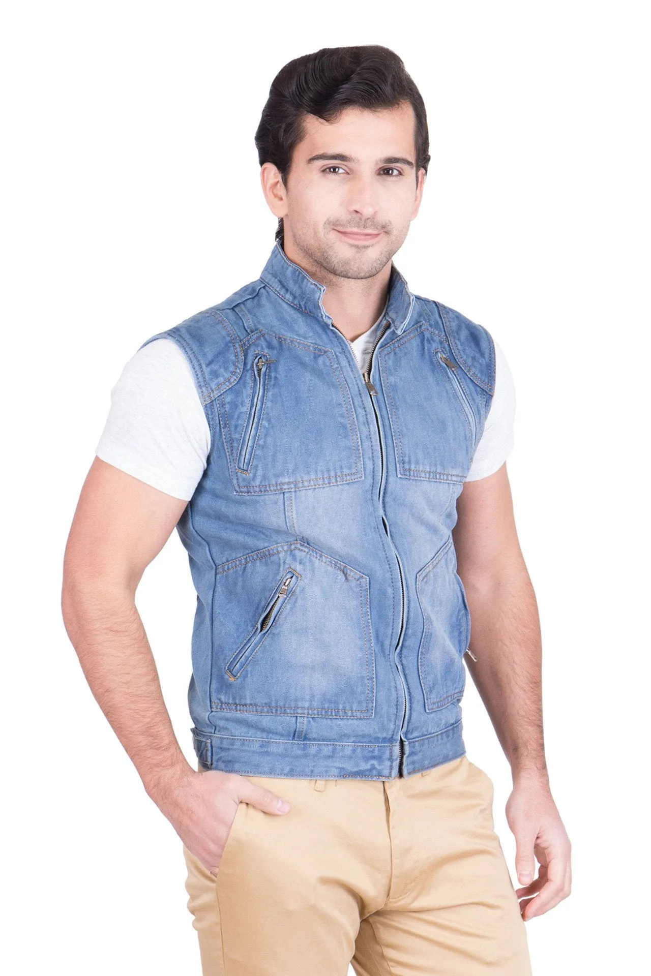 Krossstitch Sleeveless Light Blue Men's Denim Jacket with Zipper