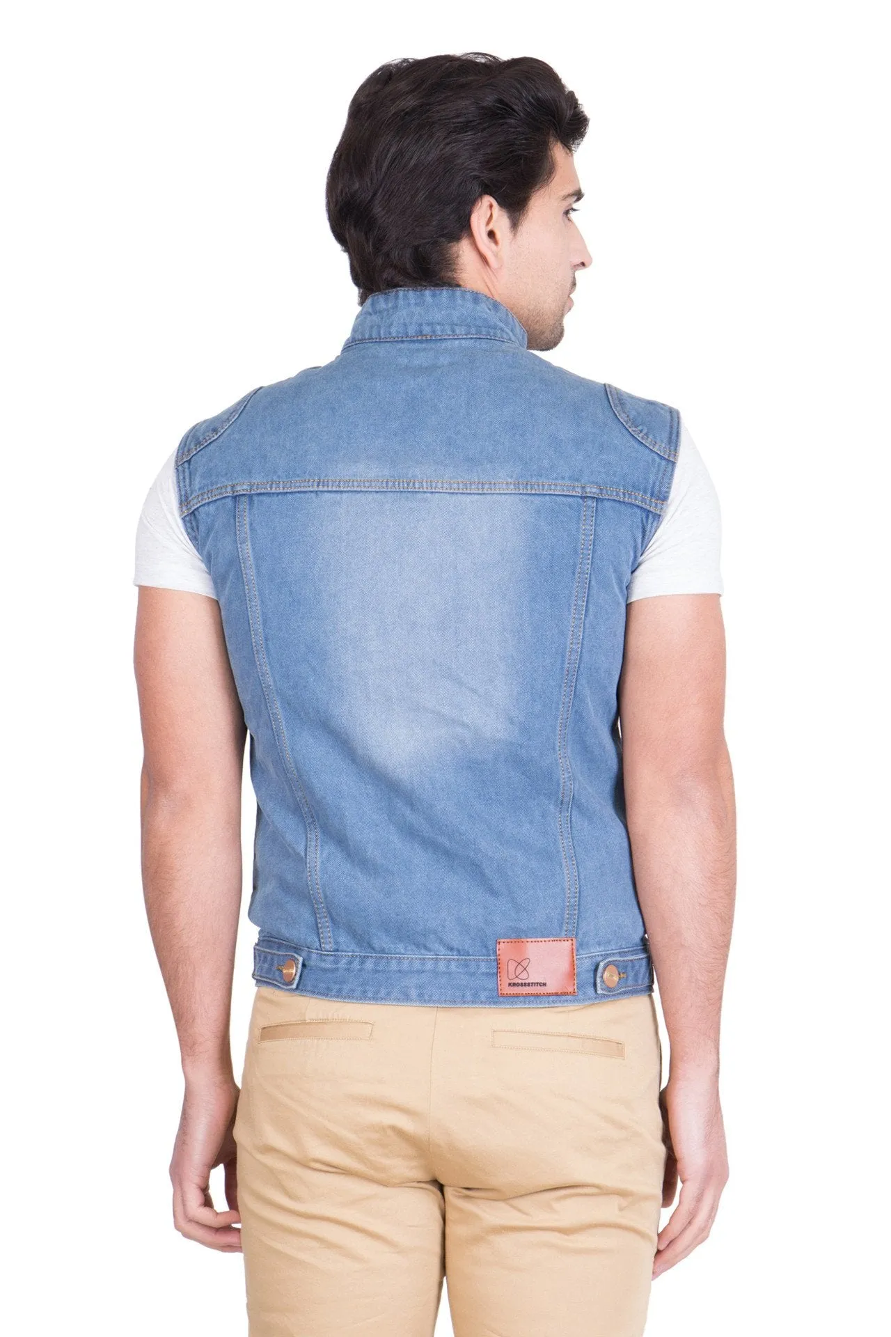 Krossstitch Sleeveless Light Blue Men's Denim Jacket with Zipper