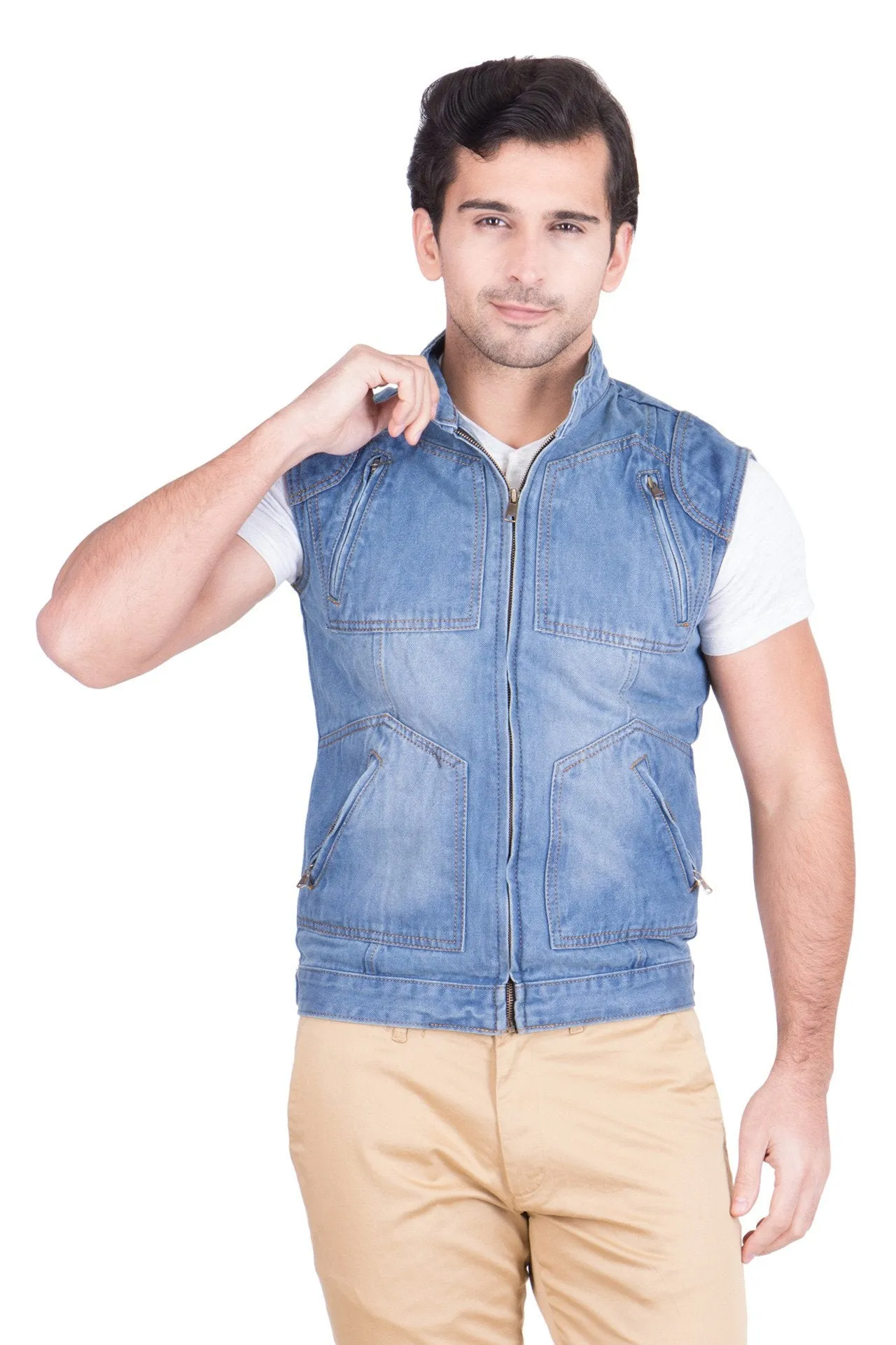 Krossstitch Sleeveless Light Blue Men's Denim Jacket with Zipper