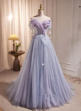 Light Purple Beaded Off Shoulder Long Tulle Formal Dress, Light Purple Prom Dress