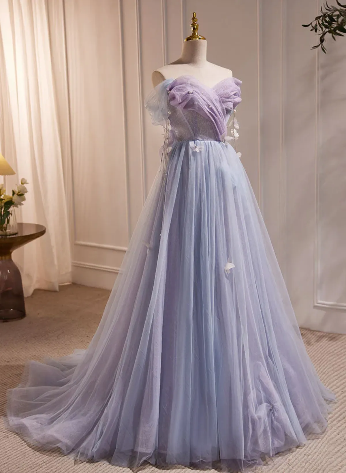 Light Purple Beaded Off Shoulder Long Tulle Formal Dress, Light Purple Prom Dress