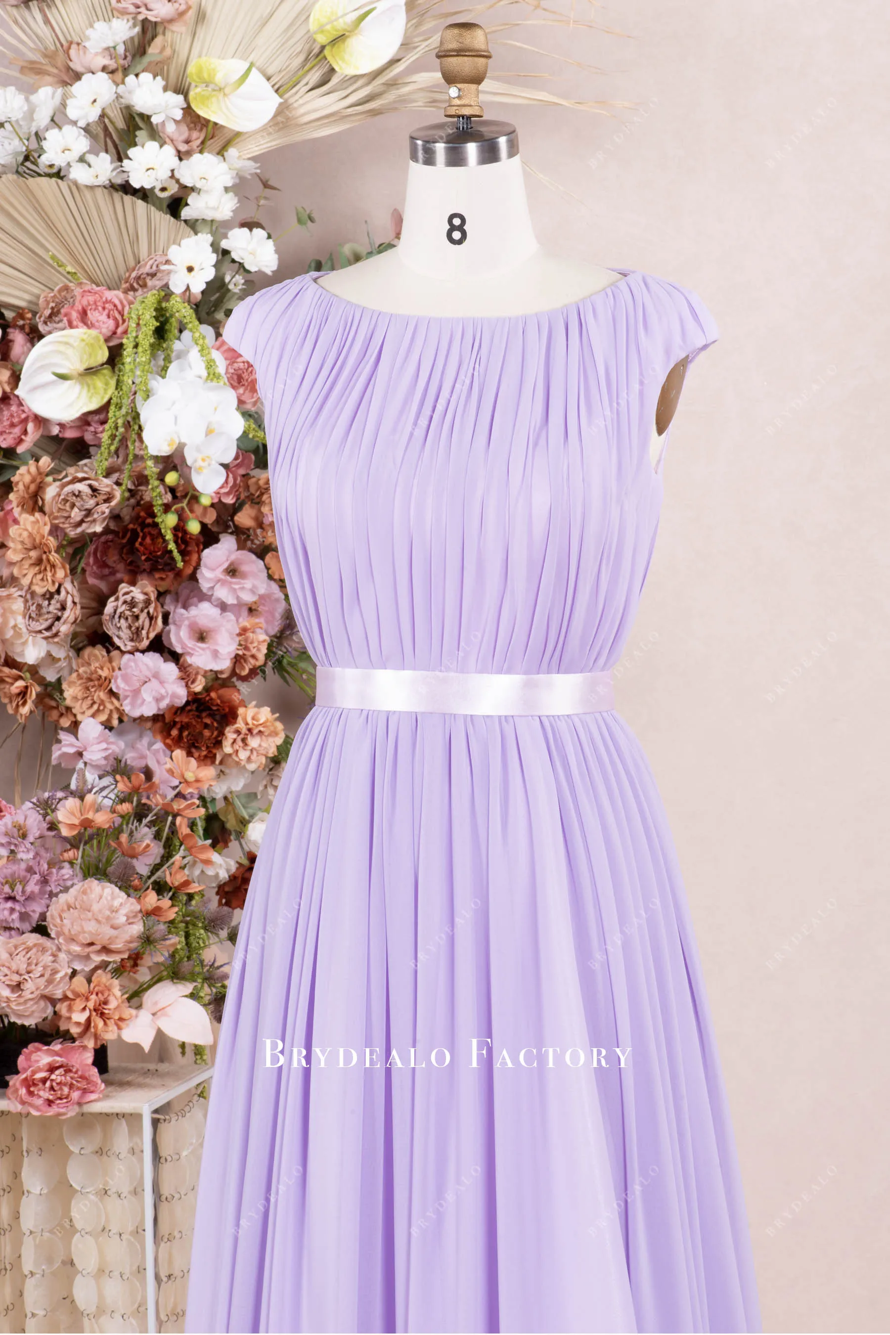 Lilac Cap Sleeve Pleated Chiffon Floor Length Formal Dress