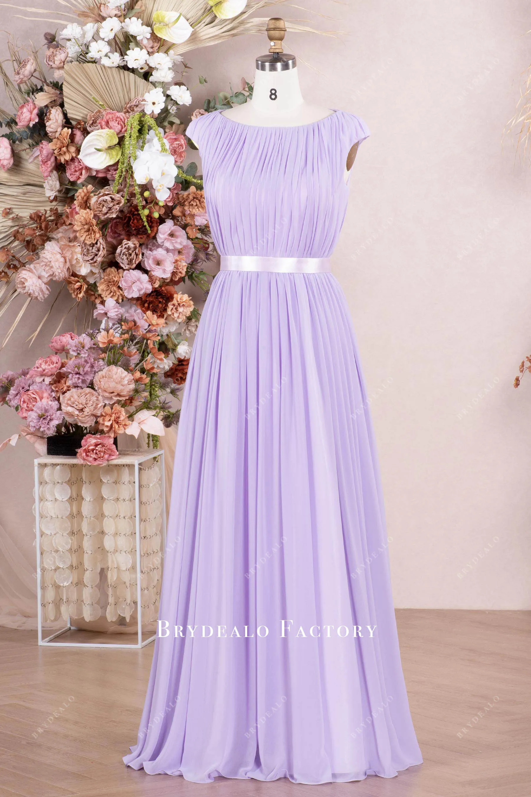 Lilac Cap Sleeve Pleated Chiffon Floor Length Formal Dress