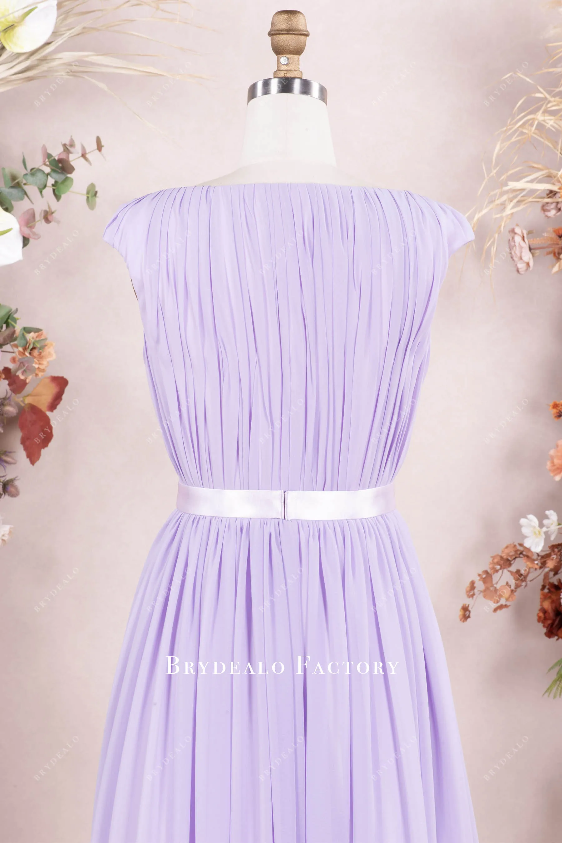 Lilac Cap Sleeve Pleated Chiffon Floor Length Formal Dress