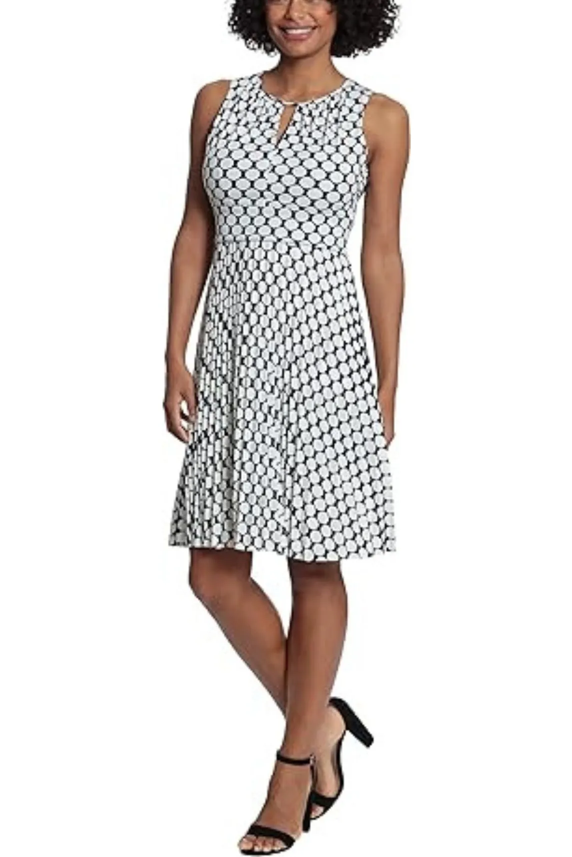 London Times Sleeveless Keyhole Neck Polka Dot Dress with Pleated Skirt