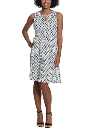 London Times Sleeveless Keyhole Neck Polka Dot Dress with Pleated Skirt