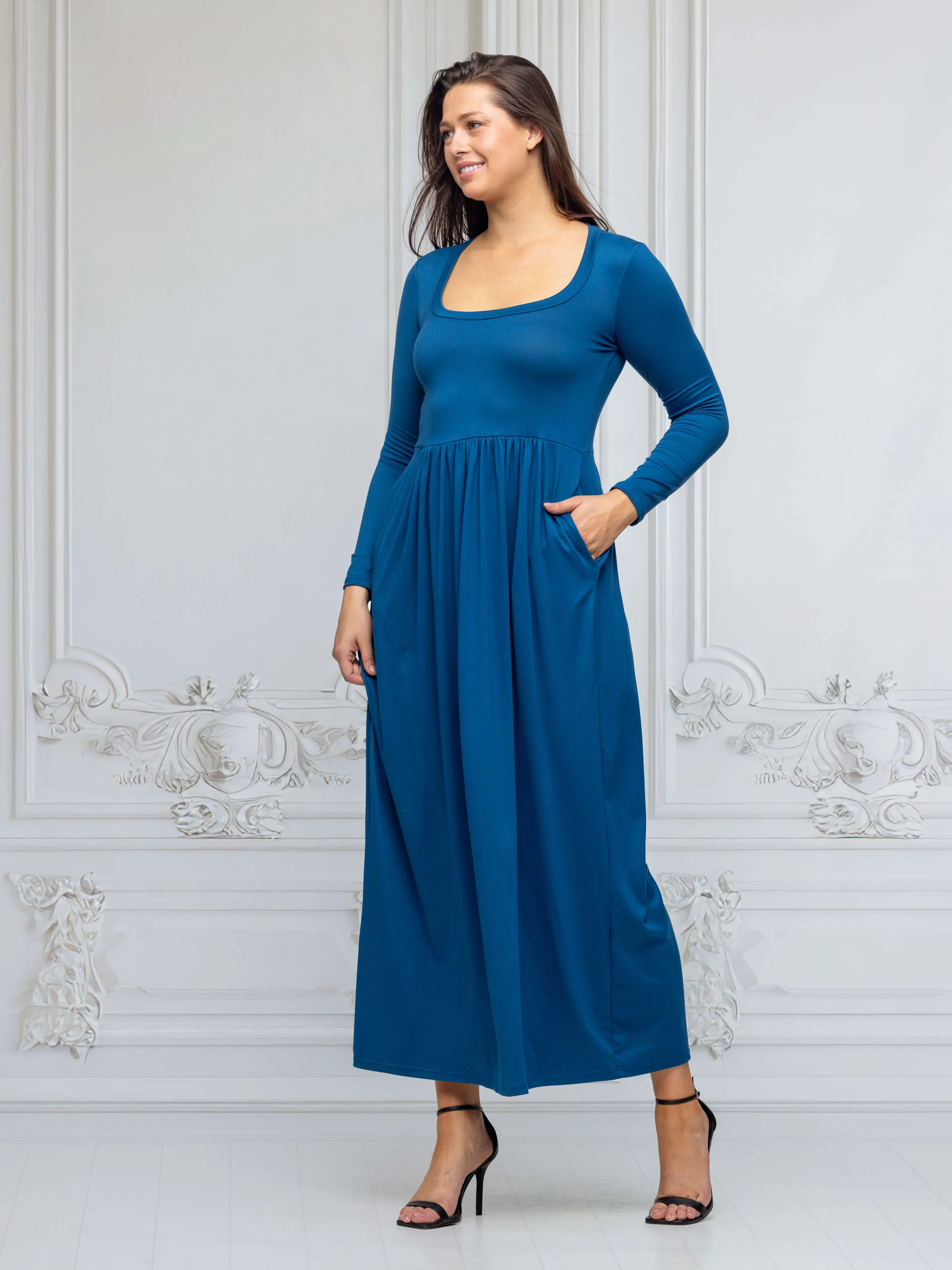 Long Sleeve Empire Waist Pocket Maxi Dress