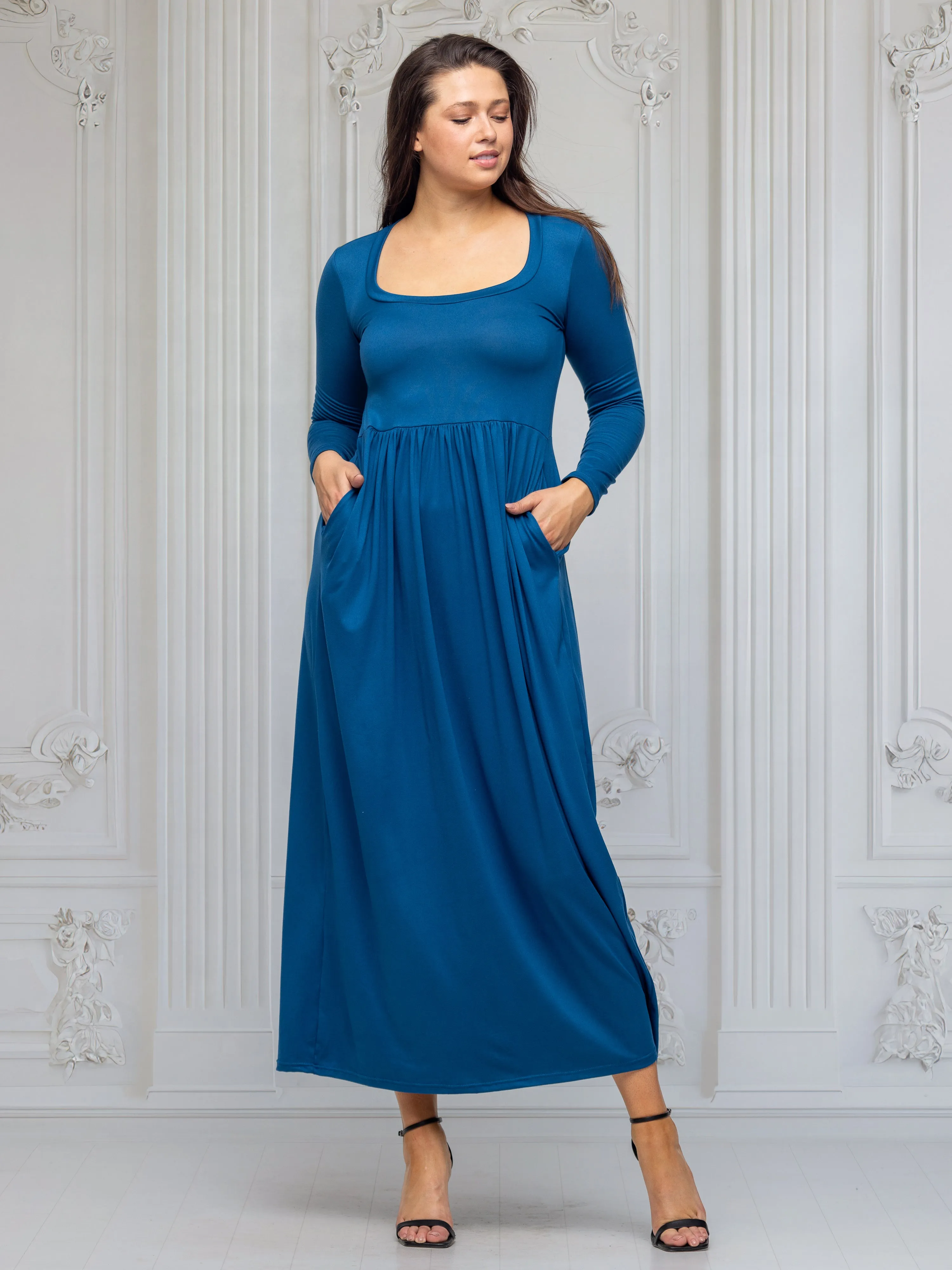 Long Sleeve Empire Waist Pocket Maxi Dress