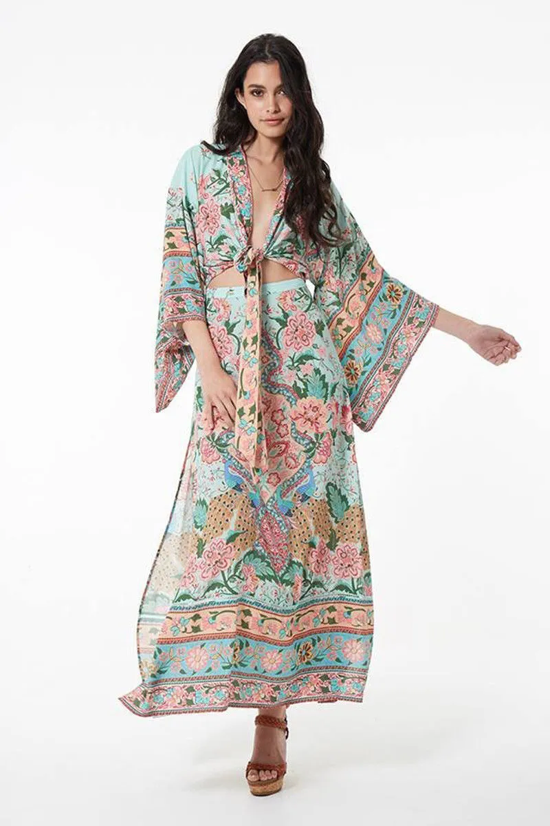 Lotus Tie Front Kimono Top And Double Slit Maxi Skirt Set Color Peacock Size XS Small Medium Or Large