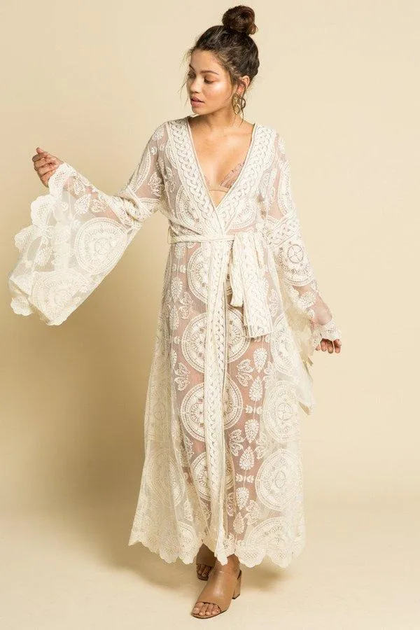 Mandala Mantra Kimono Boho White Lace Maxi Full Length Swimsuit Cover Up Or Robe With Bohemian Kimono Sleeves Sizes Medium Large Extra Large Or Plus Size XXL 2X