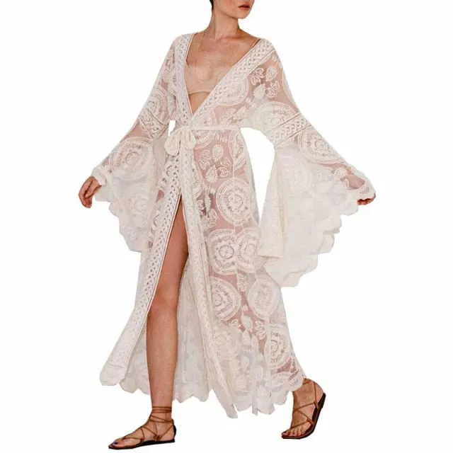 Mandala Mantra Kimono Boho White Lace Maxi Full Length Swimsuit Cover Up Or Robe With Bohemian Kimono Sleeves Sizes Medium Large Extra Large Or Plus Size XXL 2X