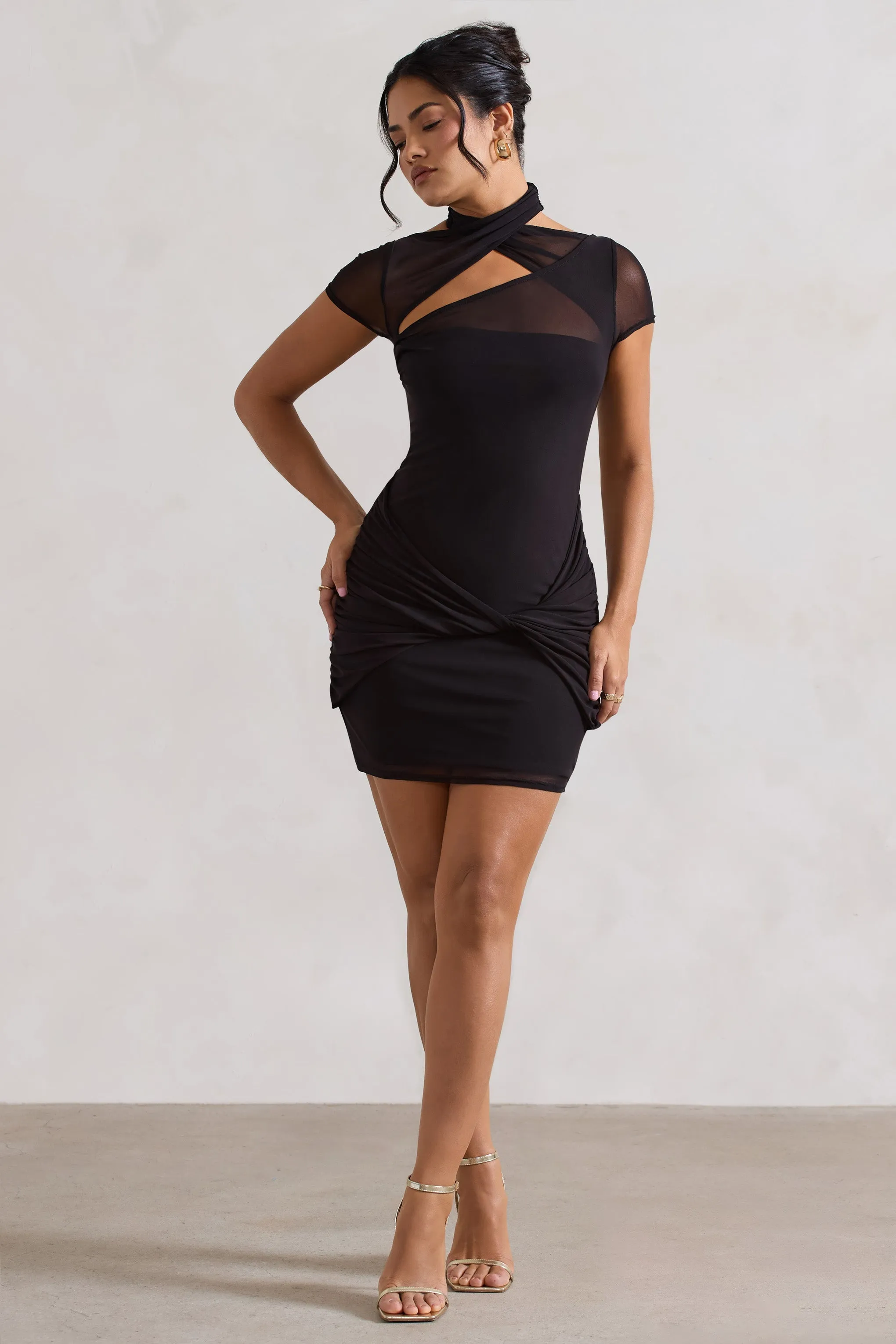 Mandi | Black Mesh Halter-Neck Cut-Out Mini Dress