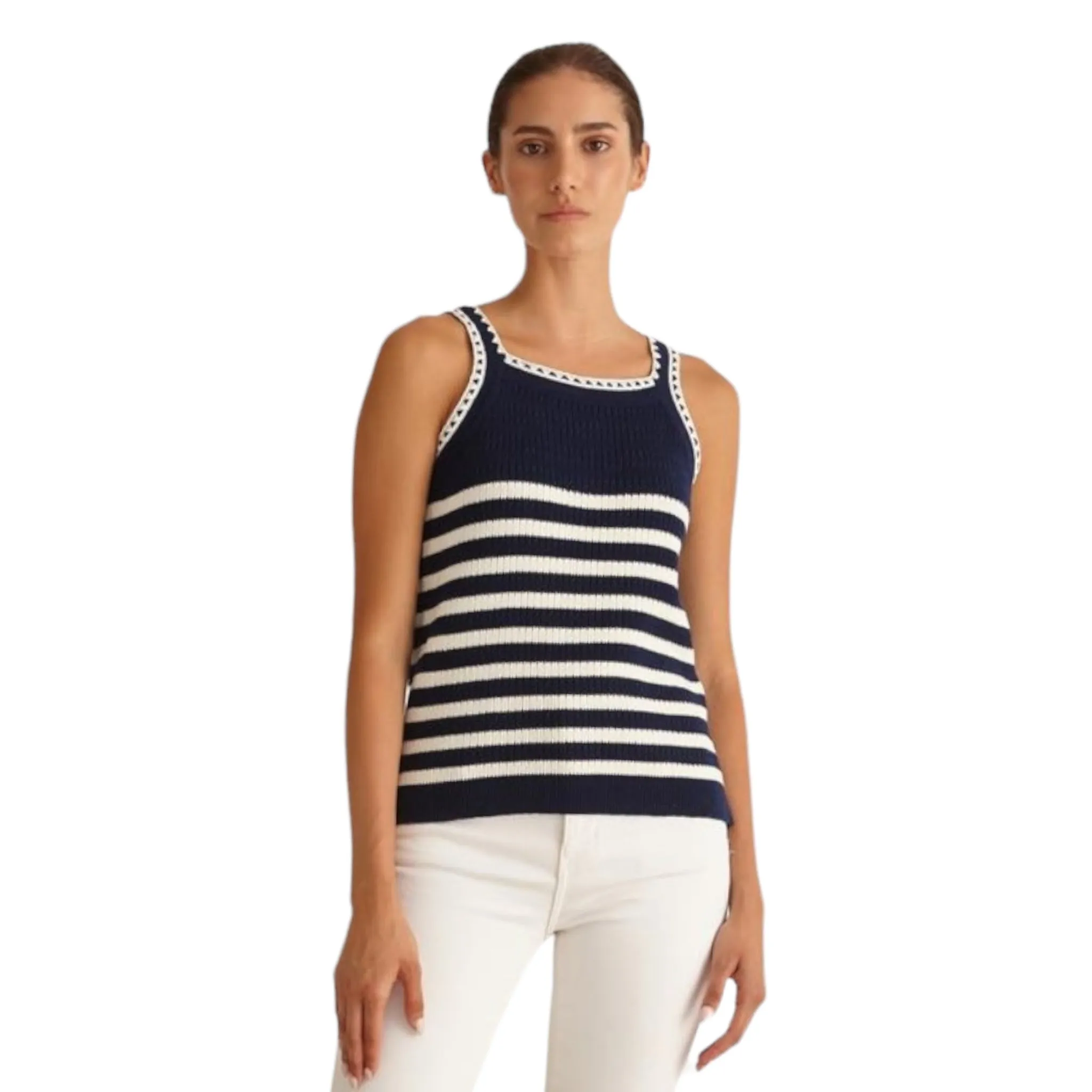 Marina V Striped Knit Tank Top Navy