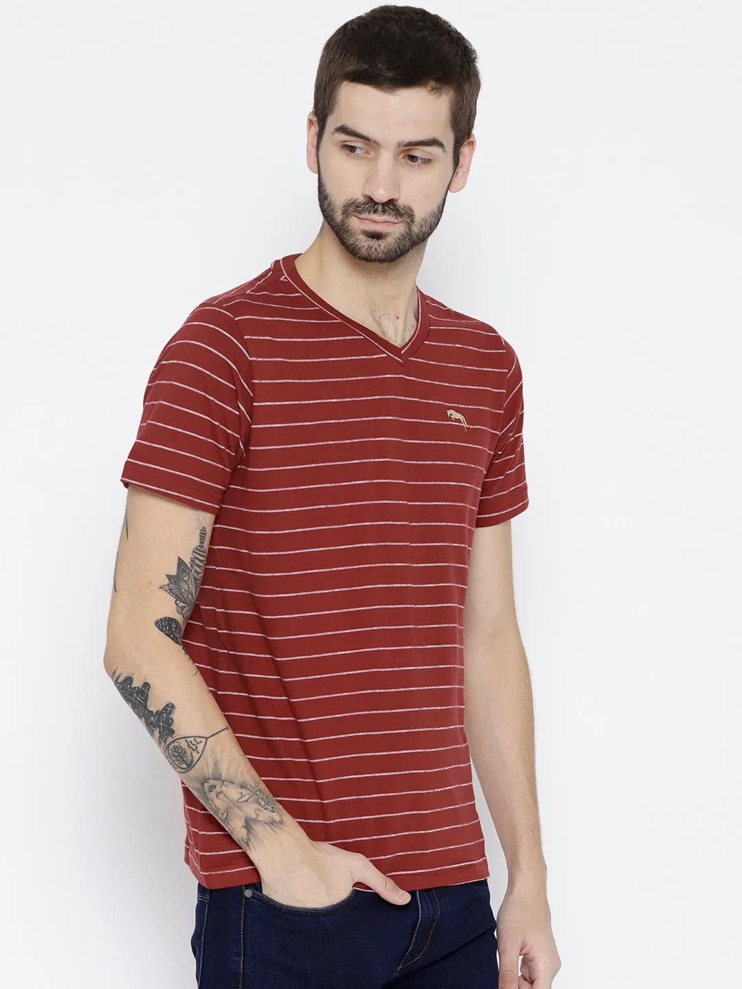 Men Red Striped V-Neck T-shirt