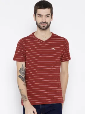 Men Red Striped V-Neck T-shirt