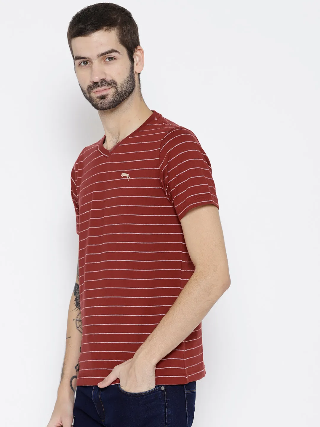 Men Red Striped V-Neck T-shirt