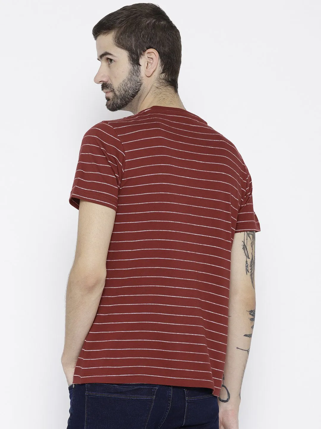 Men Red Striped V-Neck T-shirt