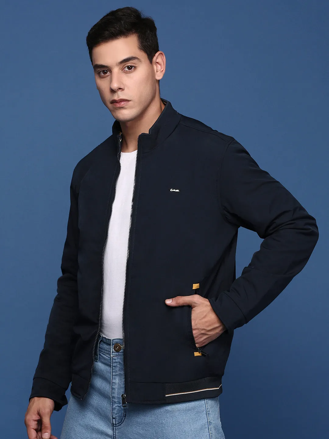 Men Solid Navy Blue Bomber Jacket