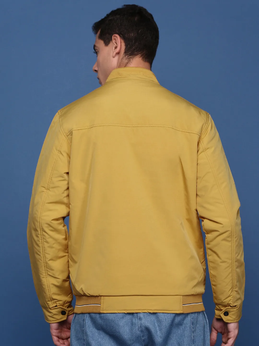 Men Solid Yellow Bomber Jacket