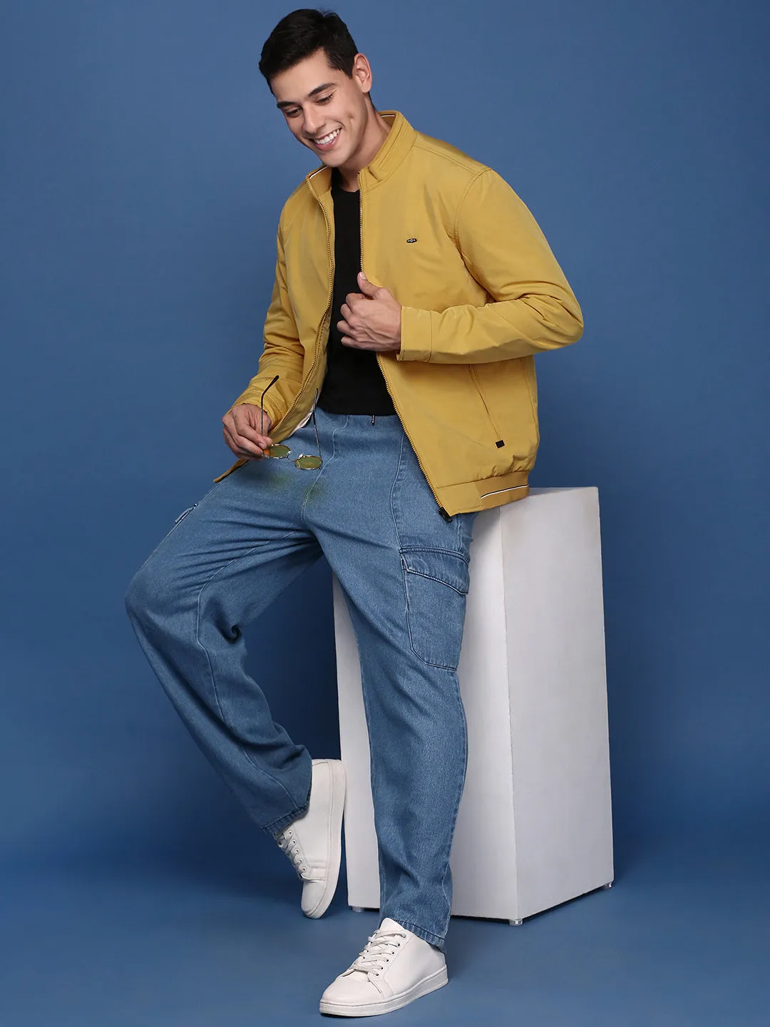 Men Solid Yellow Bomber Jacket