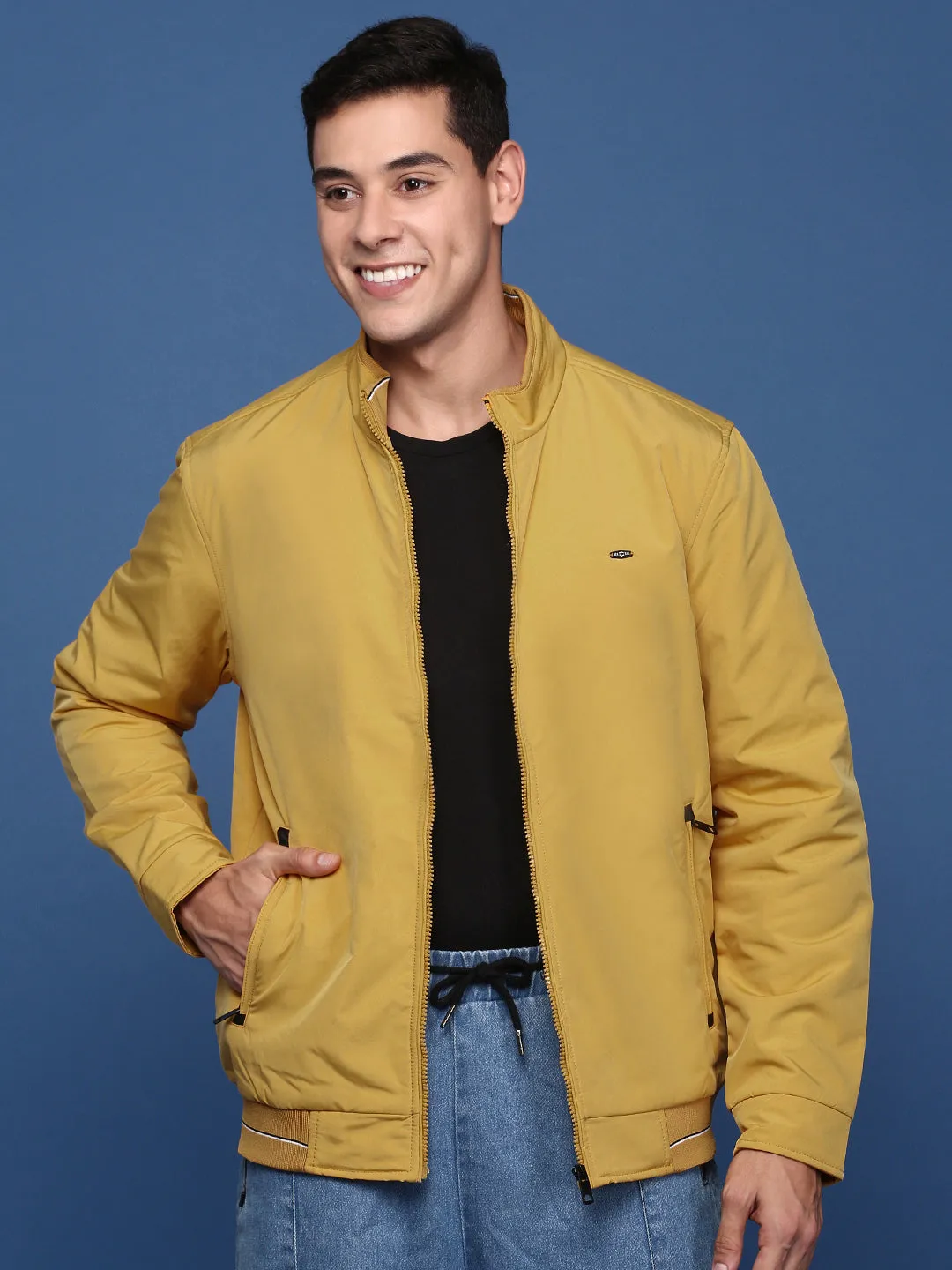 Men Solid Yellow Bomber Jacket