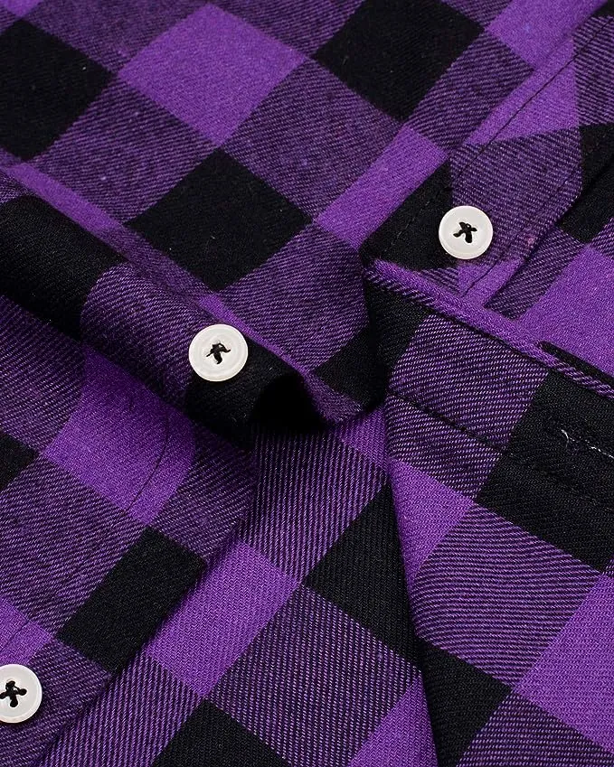 Men's Button Down Regular Fit Long Sleeve Plaid Flannel Casual Shirts Black/Purple