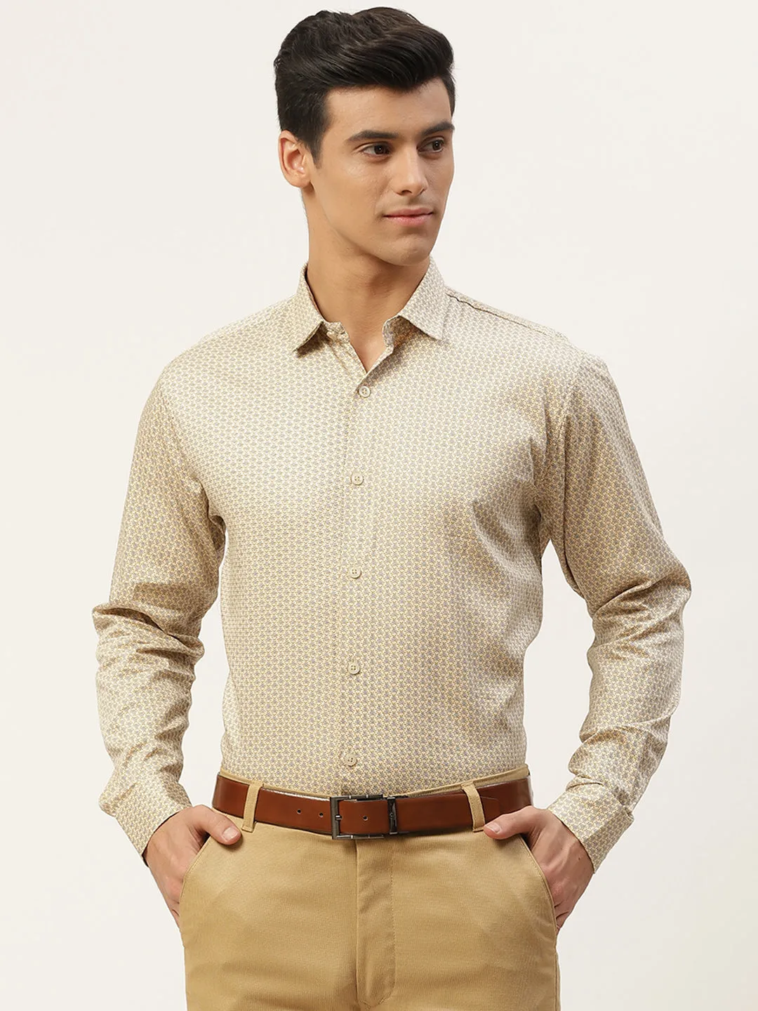 Mens Cotton Beige & Blue Printed Formal Shirt - Sojanya