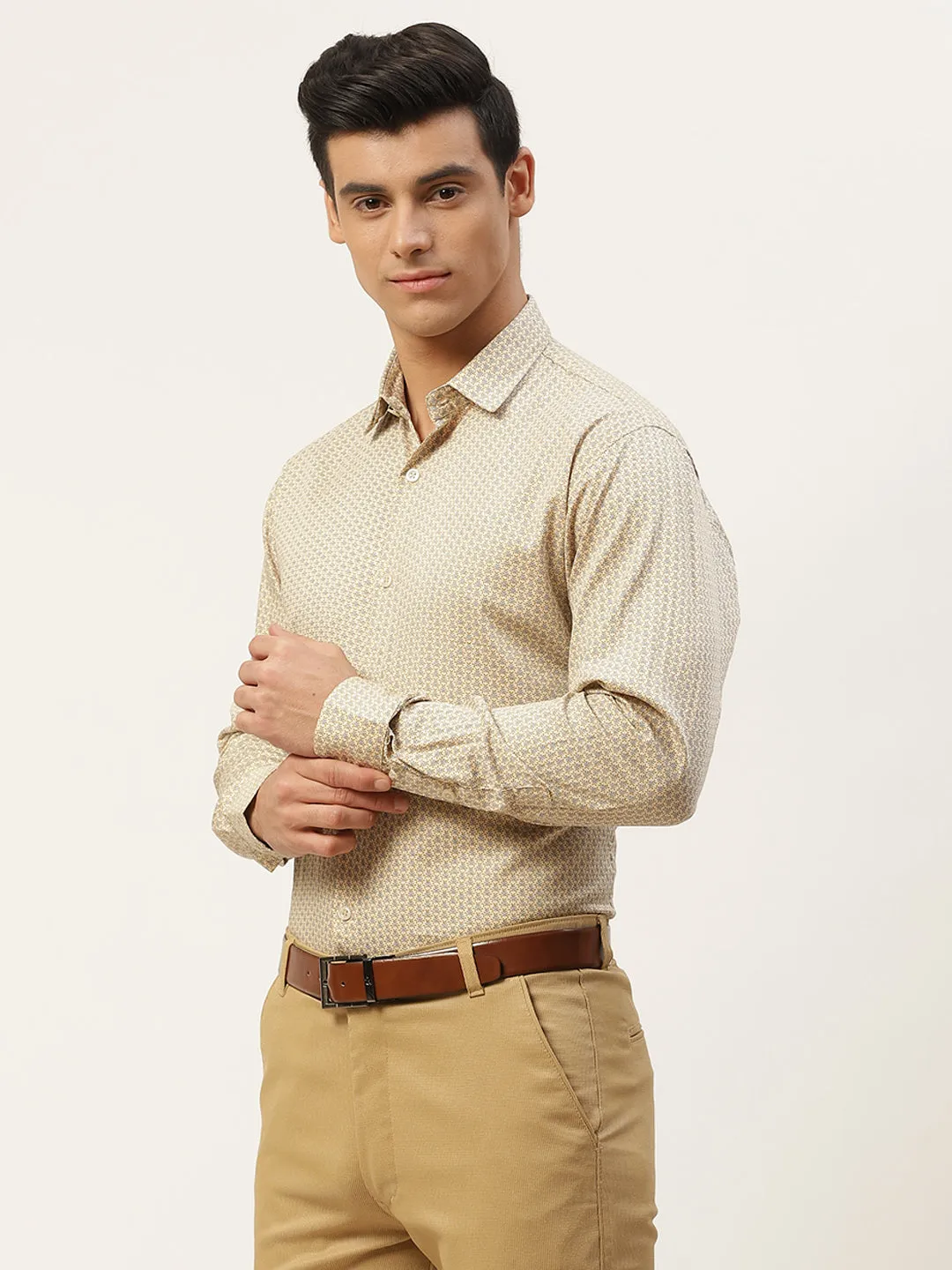 Mens Cotton Beige & Blue Printed Formal Shirt - Sojanya