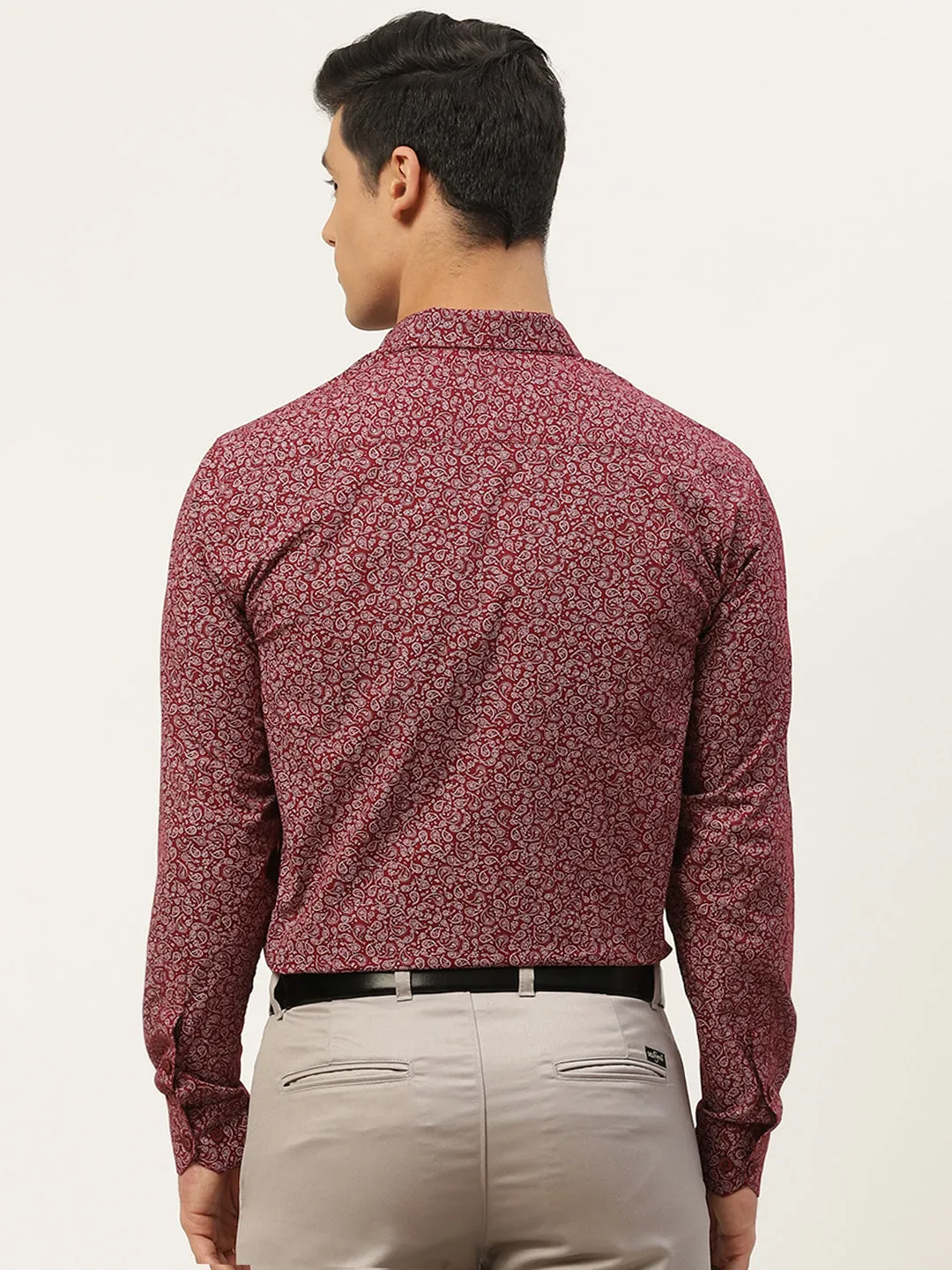 Mens Cotton Maroon & White Printed Formal Shirt - Sojanya