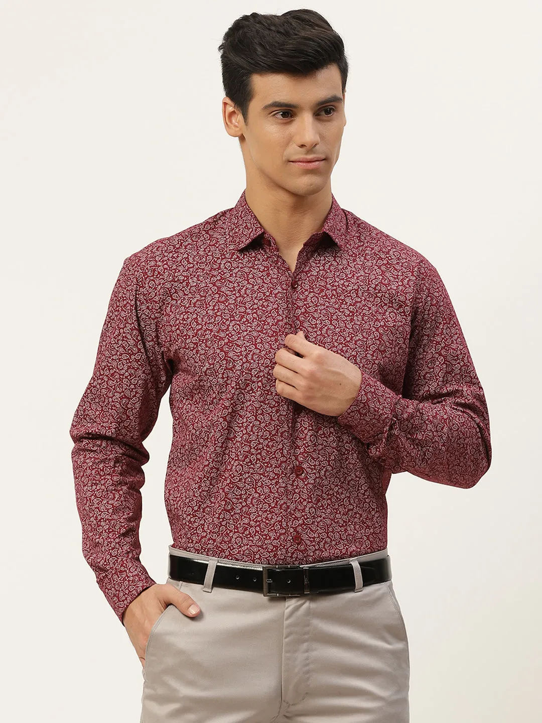 Mens Cotton Maroon & White Printed Formal Shirt - Sojanya