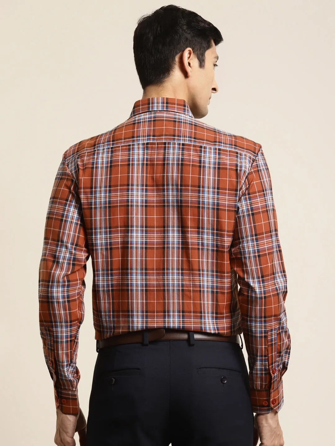 Men's Cotton Rust & Blue Check Formal Shirt - Sojanya