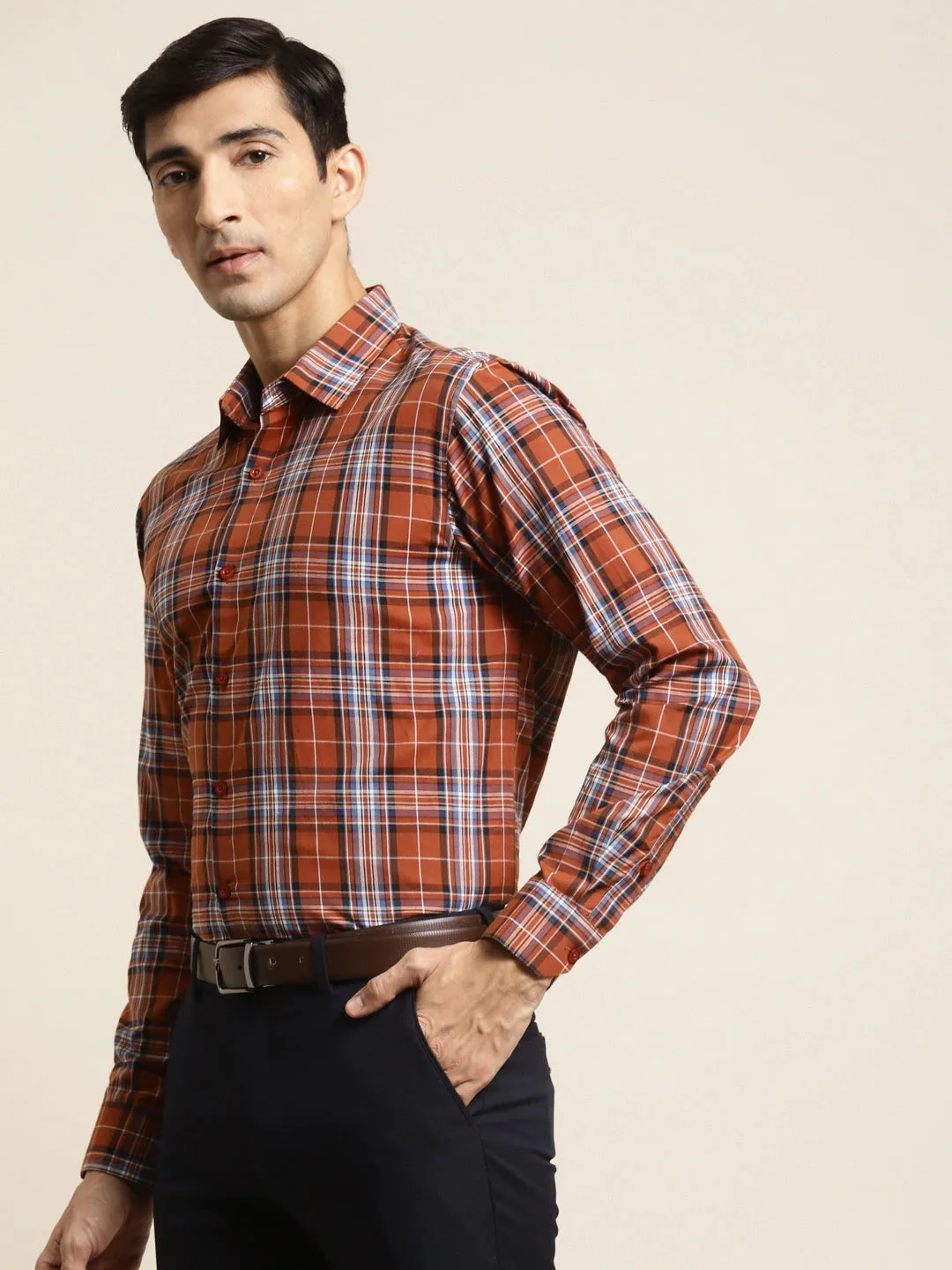 Men's Cotton Rust & Blue Check Formal Shirt - Sojanya