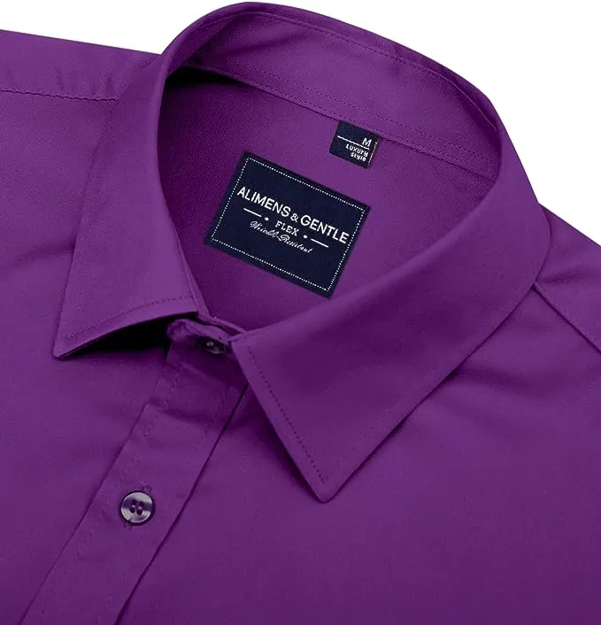 Men's Dress Shirts Wrinkle-Free Long Sleeve Stretch Solid Formal Business Button Down Shirt with Pocket - Dark Purple