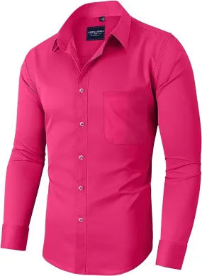 Men's Dress Shirts Wrinkle-Free Long Sleeve Stretch Solid Formal Business Button Down Shirt with Pocket - Hot Pink