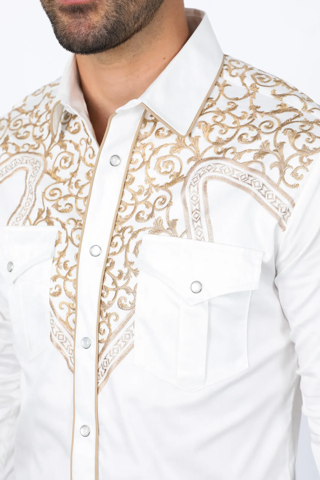 Mens Embroidery Modern Fit Stretch Beige Long Sleeve Shirt