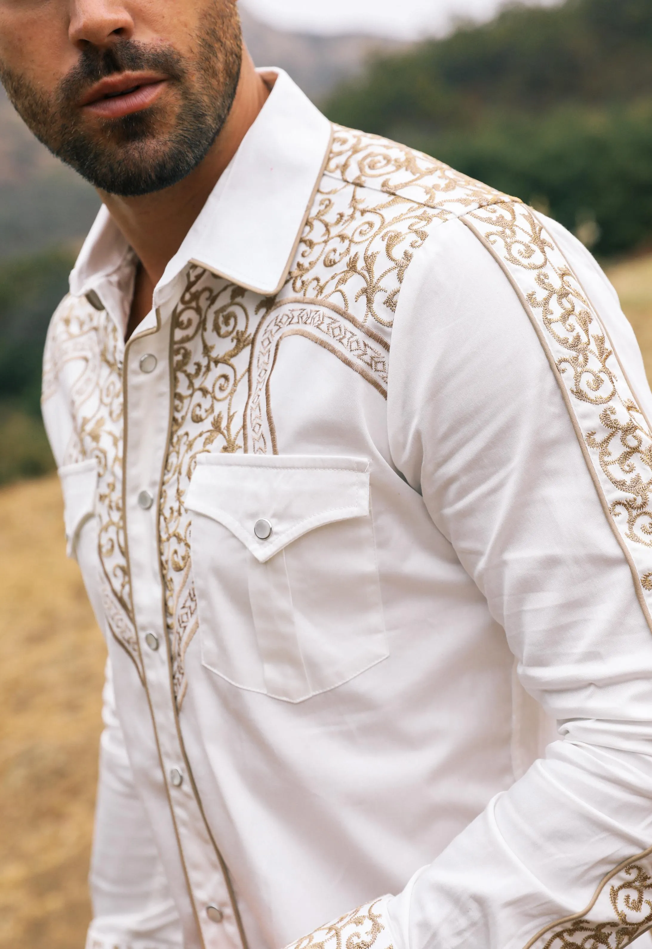 Mens Embroidery Modern Fit Stretch Beige Long Sleeve Shirt