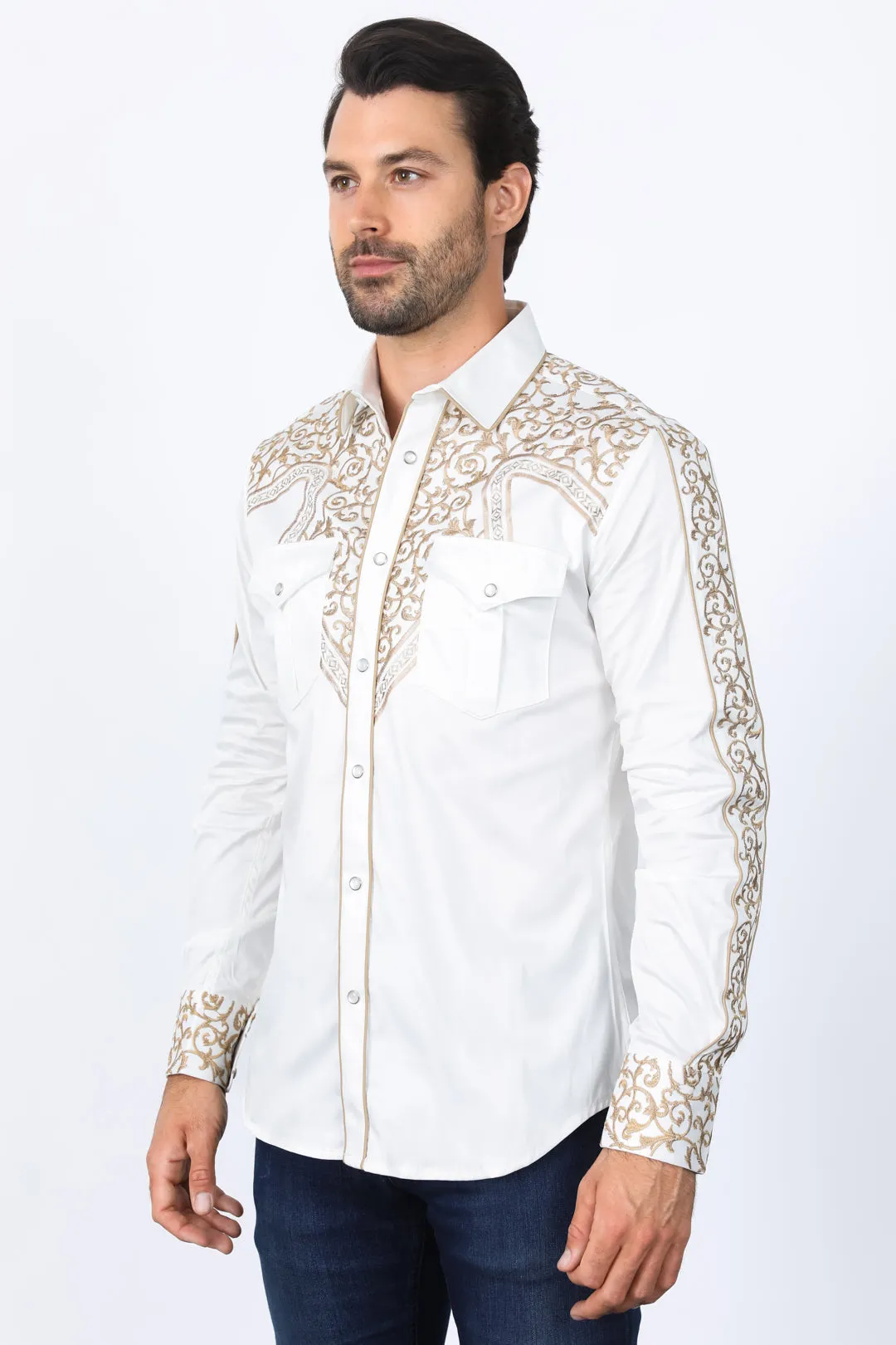 Mens Embroidery Modern Fit Stretch Beige Long Sleeve Shirt