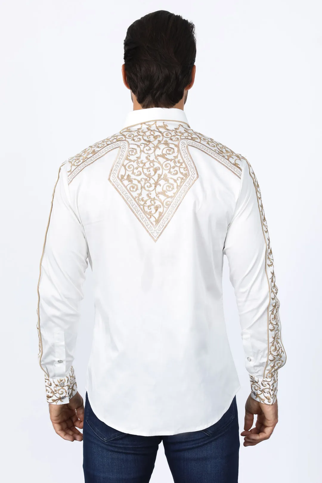 Mens Embroidery Modern Fit Stretch Beige Long Sleeve Shirt