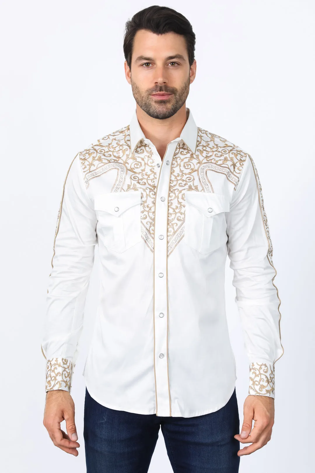 Mens Embroidery Modern Fit Stretch Beige Long Sleeve Shirt