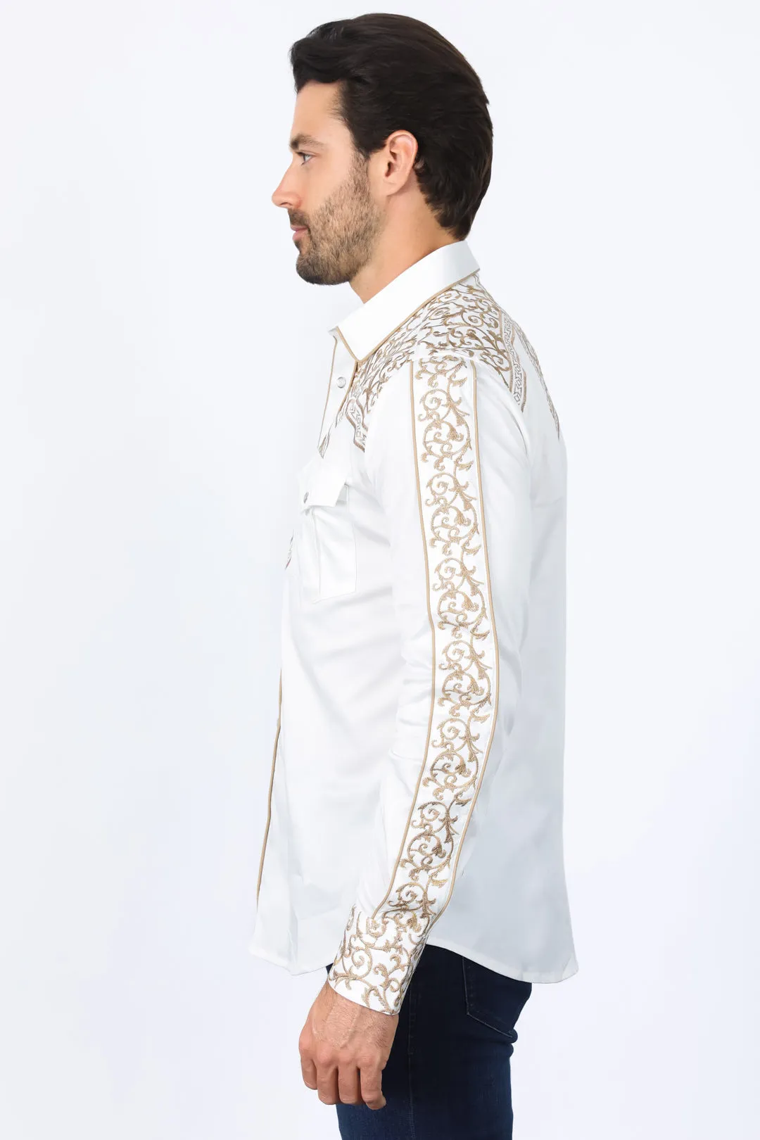 Mens Embroidery Modern Fit Stretch Beige Long Sleeve Shirt