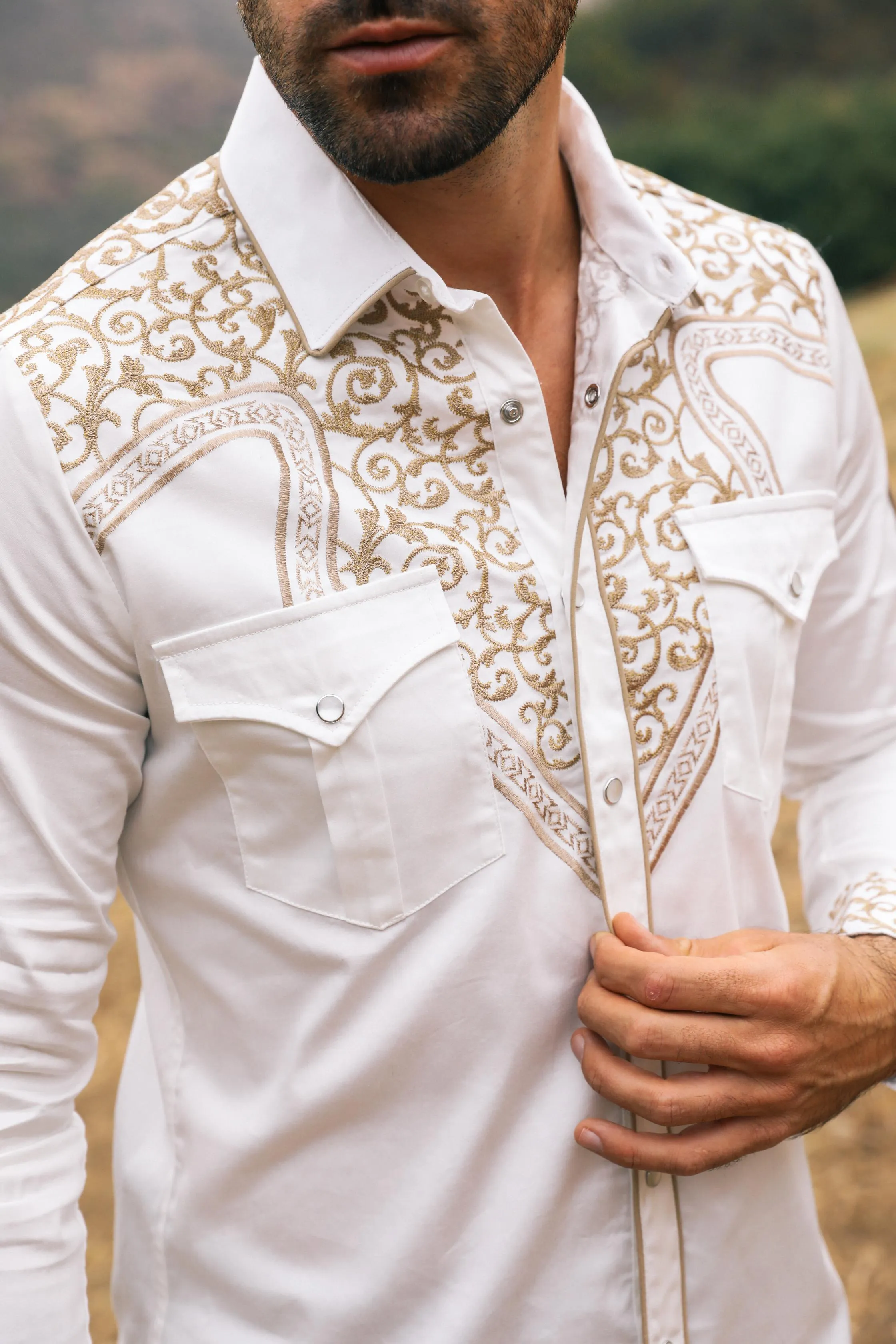 Mens Embroidery Modern Fit Stretch Beige Long Sleeve Shirt